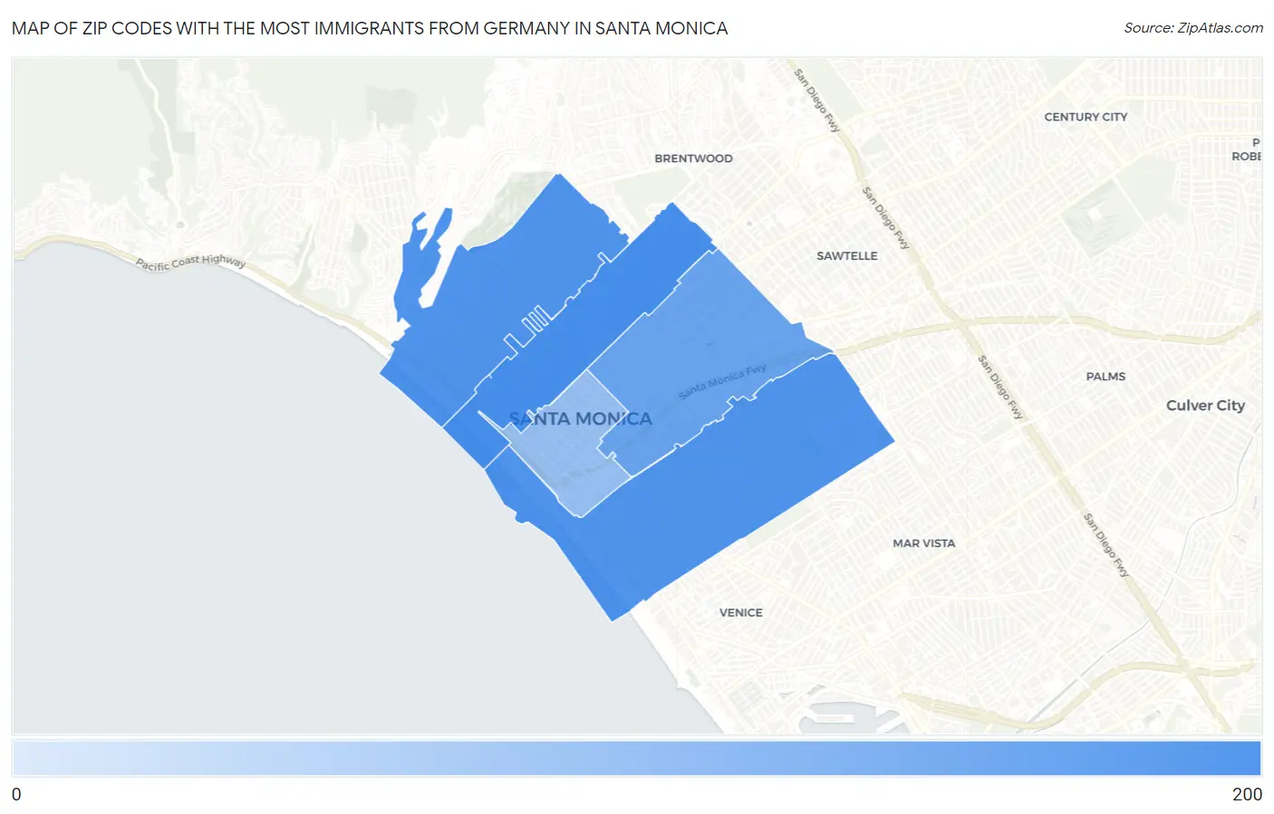 Zip Codes with the Most Immigrants from Germany in Santa Monica Map
