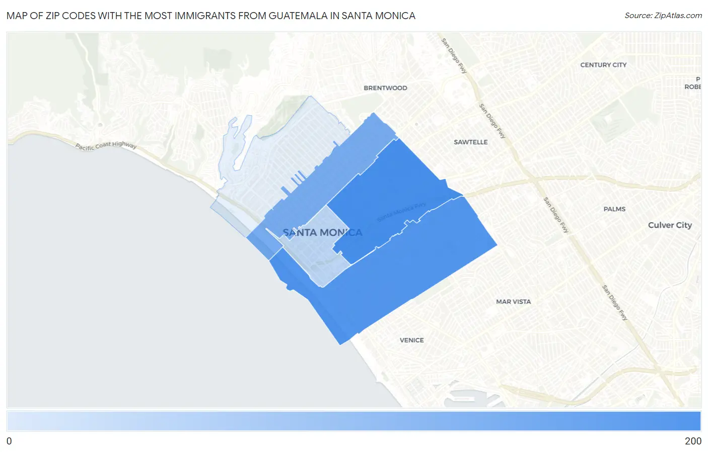 Zip Codes with the Most Immigrants from Guatemala in Santa Monica Map