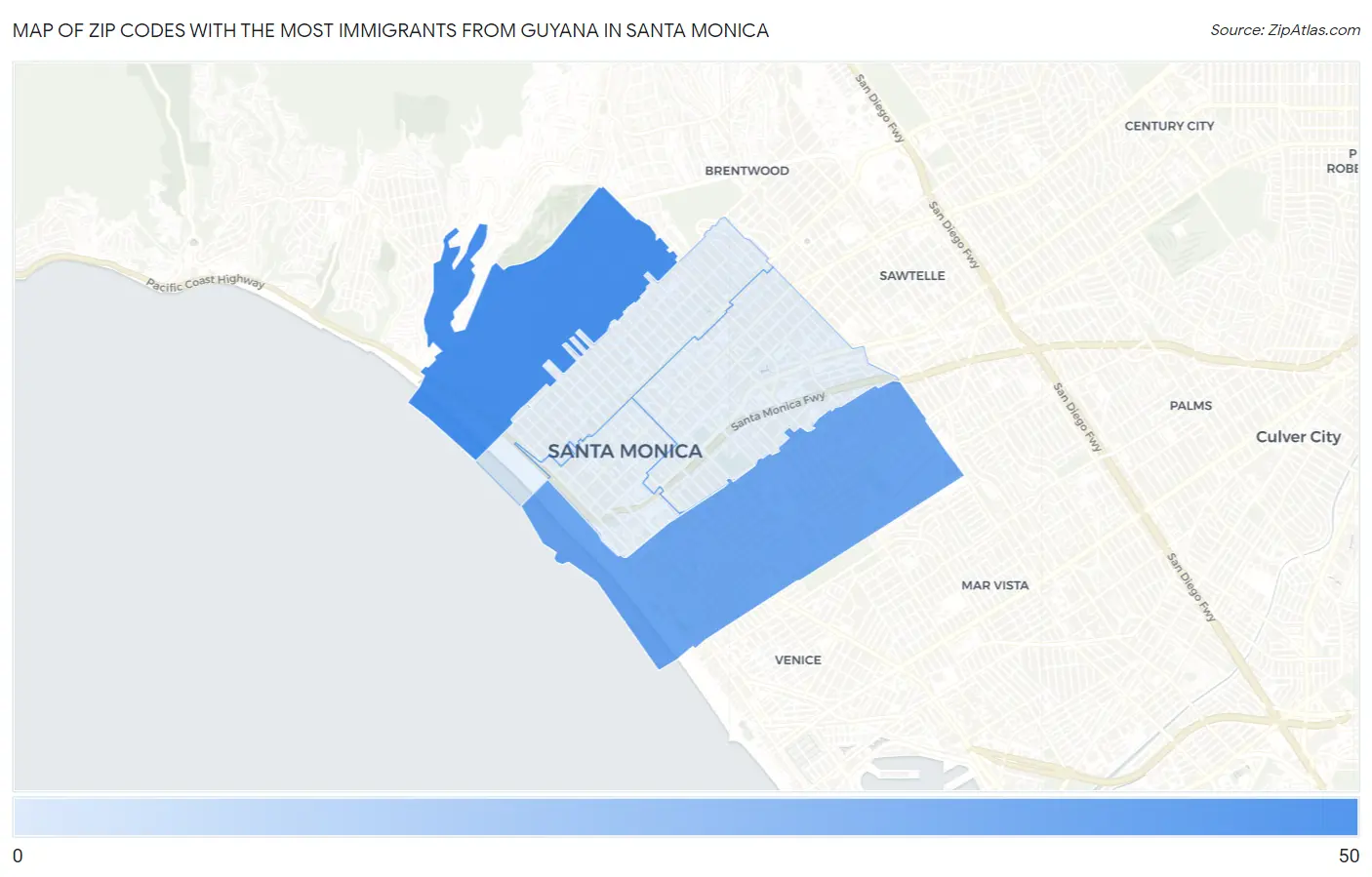 Zip Codes with the Most Immigrants from Guyana in Santa Monica Map