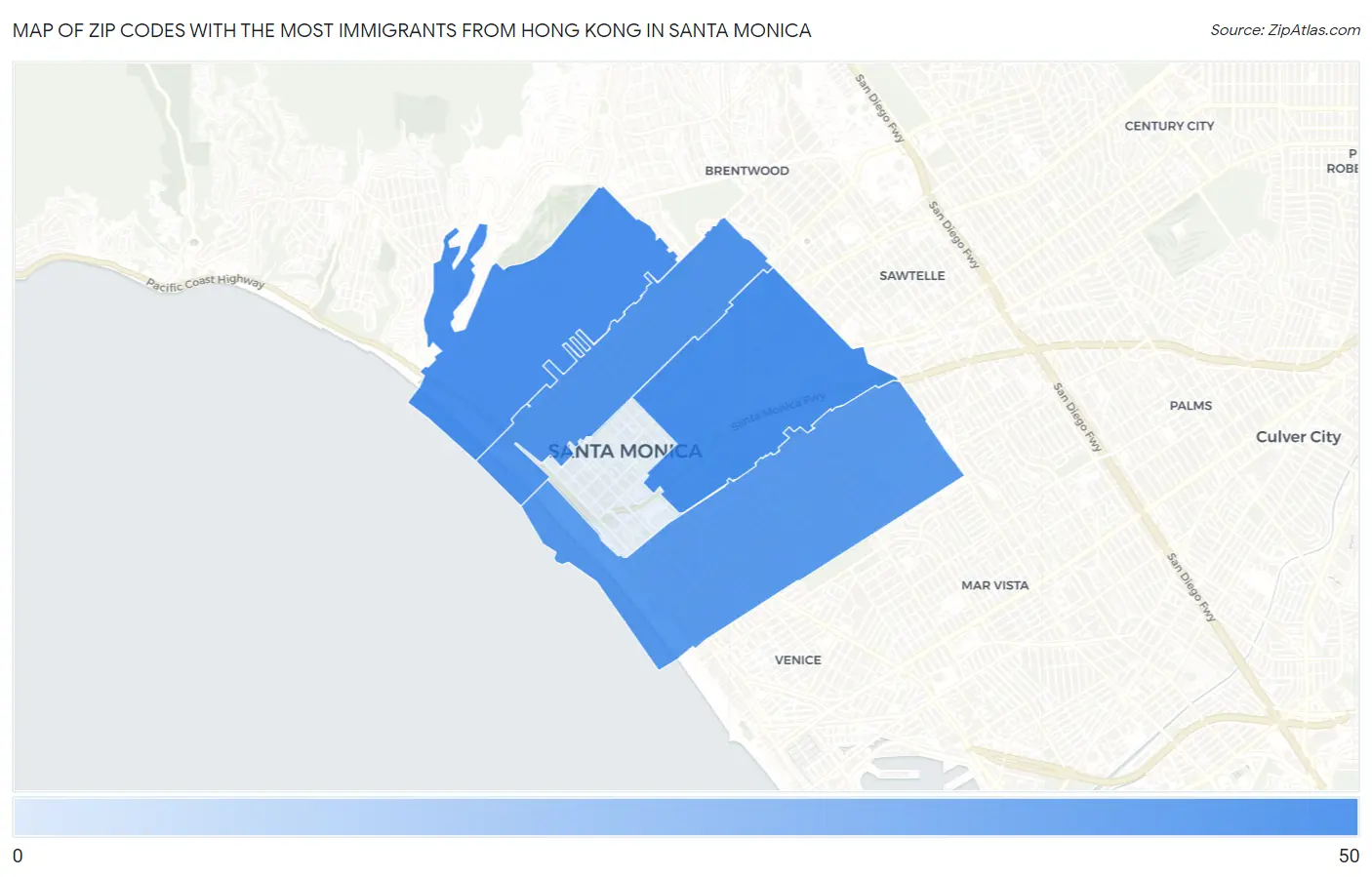 Zip Codes with the Most Immigrants from Hong Kong in Santa Monica Map