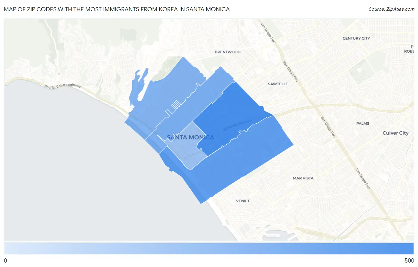 Zip Codes with the Most Immigrants from Korea in Santa Monica Map