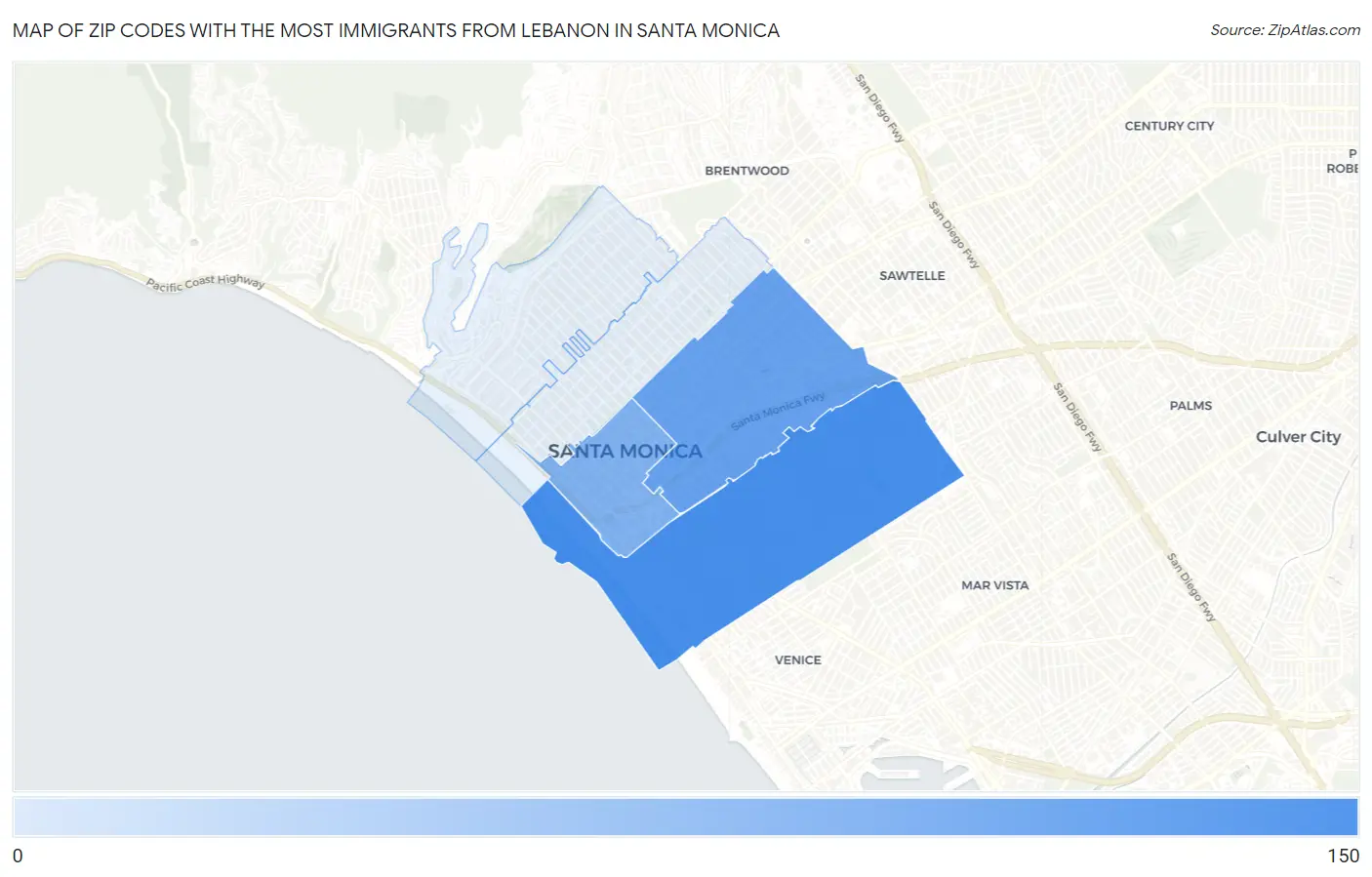 Zip Codes with the Most Immigrants from Lebanon in Santa Monica Map