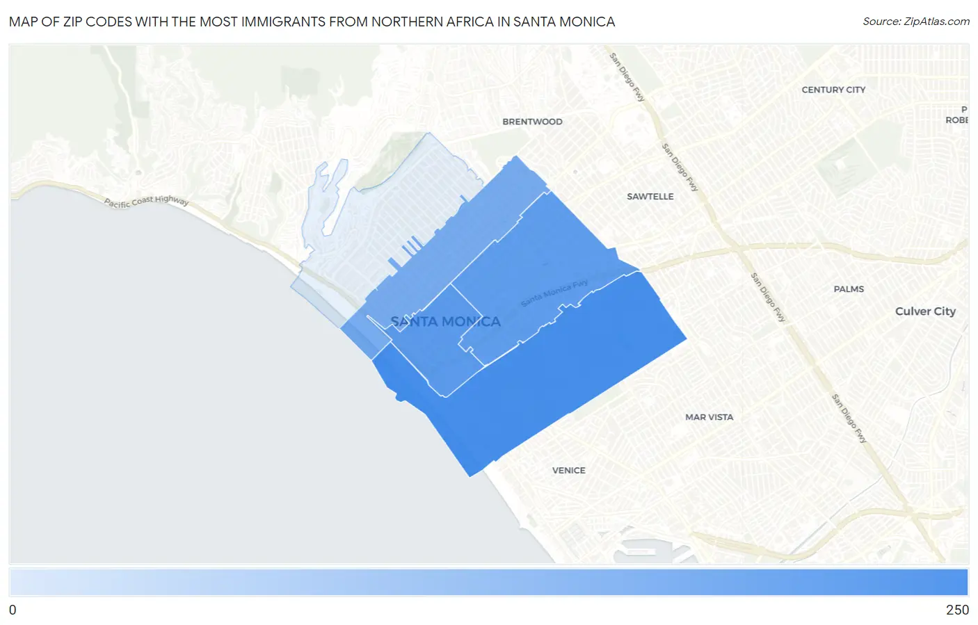 Zip Codes with the Most Immigrants from Northern Africa in Santa Monica Map
