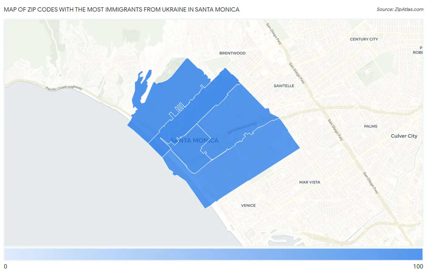 Zip Codes with the Most Immigrants from Ukraine in Santa Monica Map