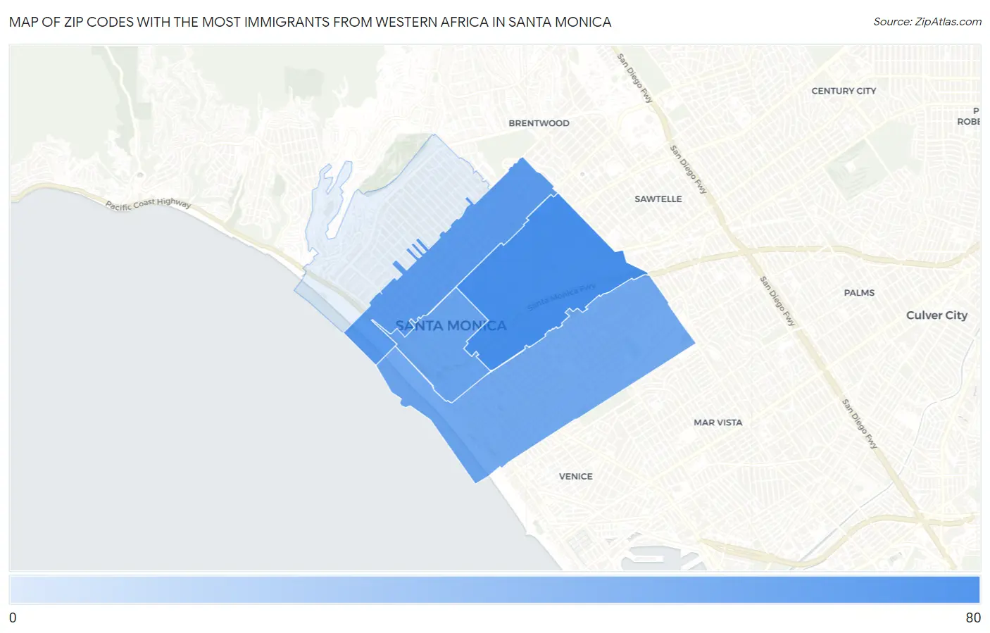 Zip Codes with the Most Immigrants from Western Africa in Santa Monica Map