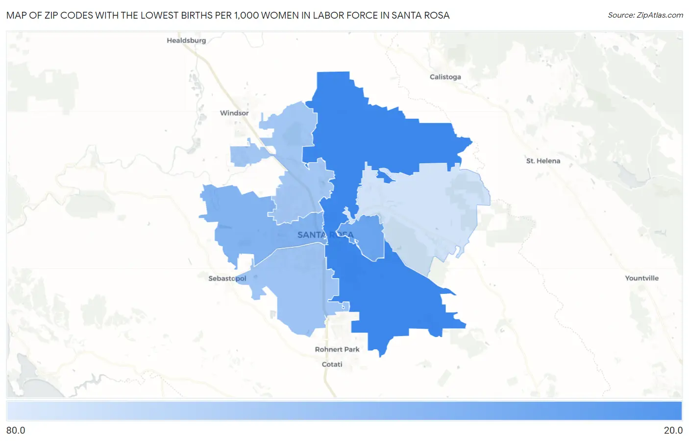 Zip Codes with the Lowest Births per 1,000 Women in Labor Force in Santa Rosa Map