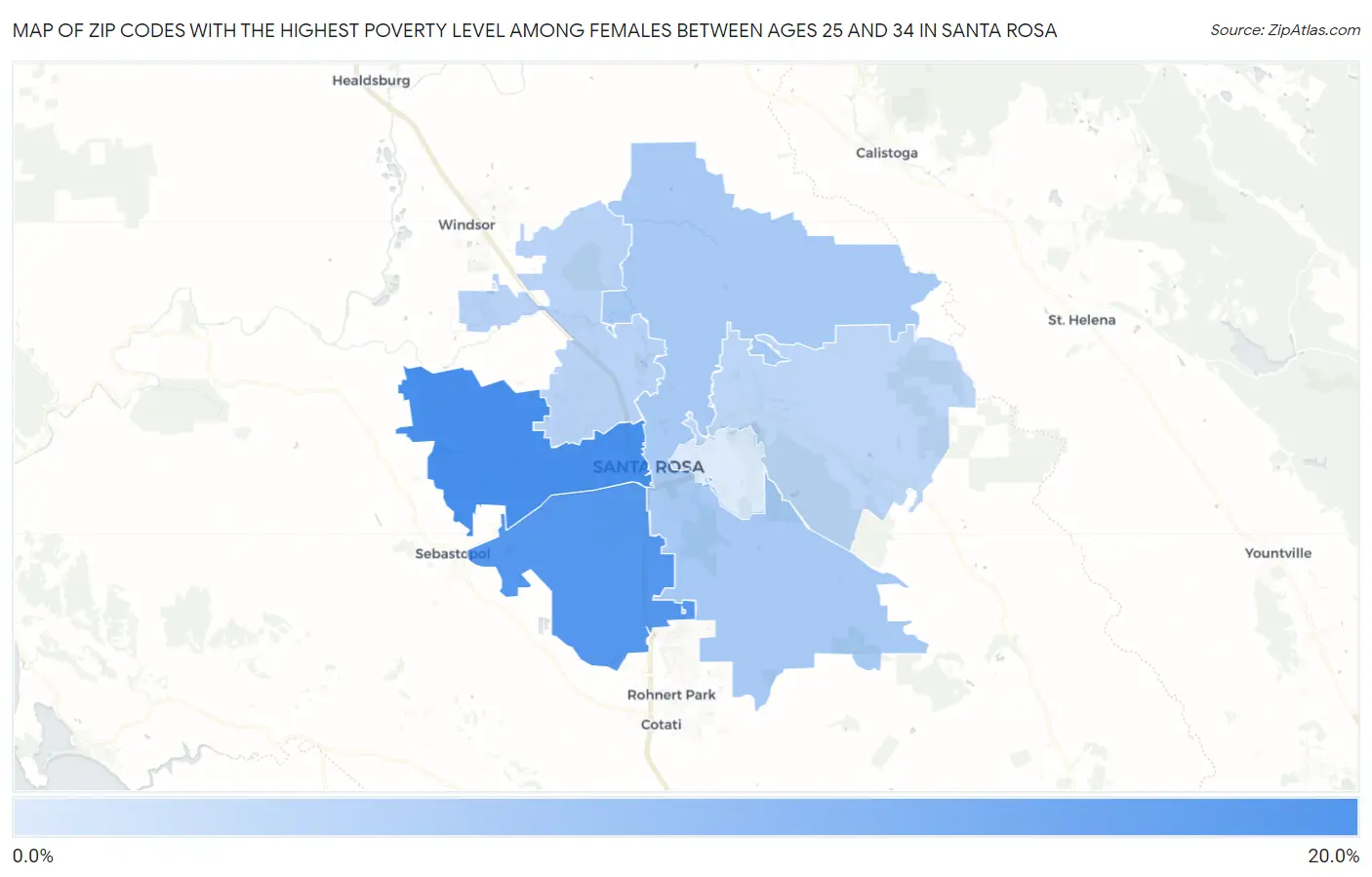 Zip Codes with the Highest Poverty Level Among Females Between Ages 25 and 34 in Santa Rosa Map