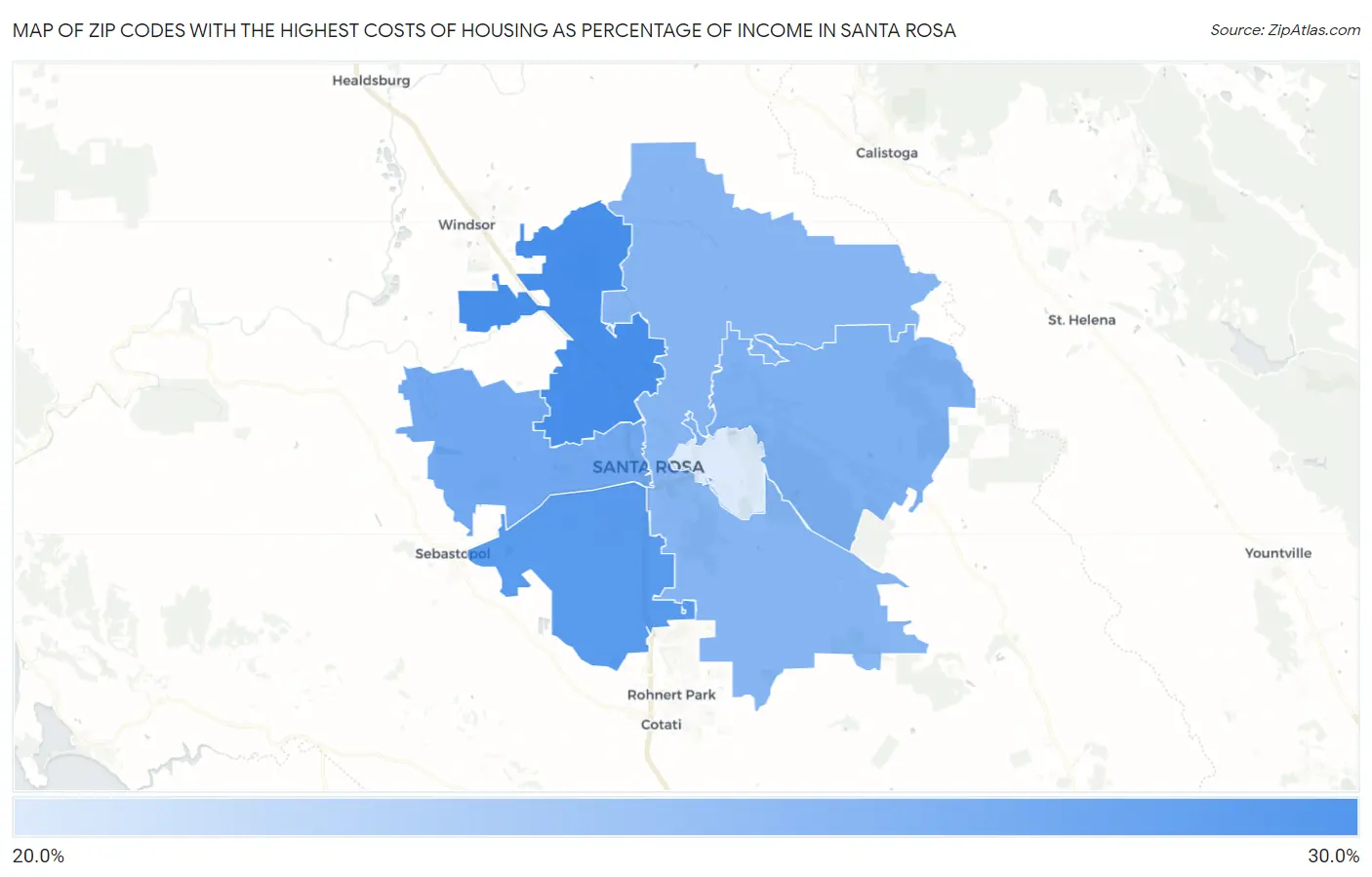 Zip Codes with the Highest Costs of Housing as Percentage of Income in Santa Rosa Map
