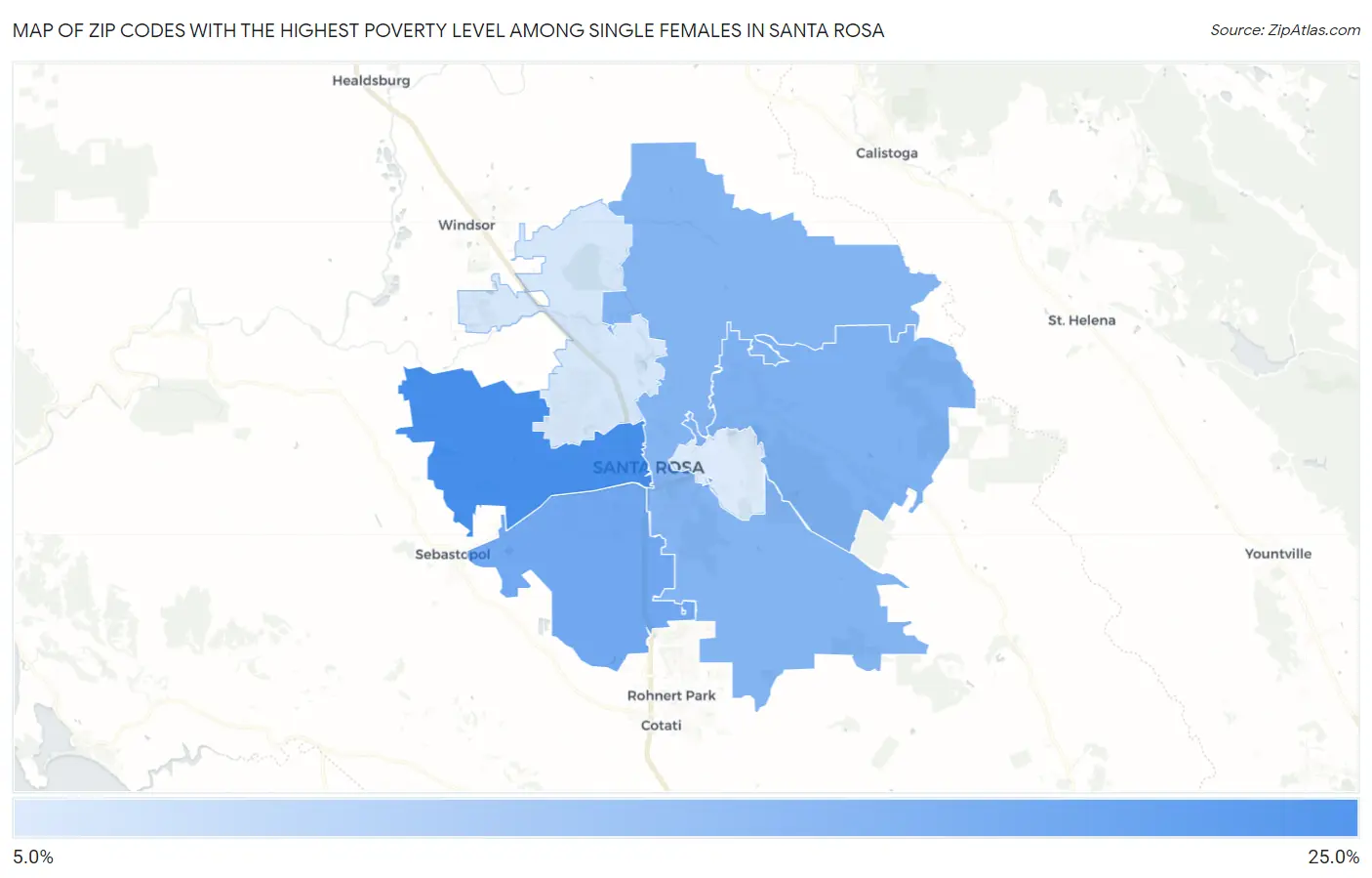 Zip Codes with the Highest Poverty Level Among Single Females in Santa Rosa Map