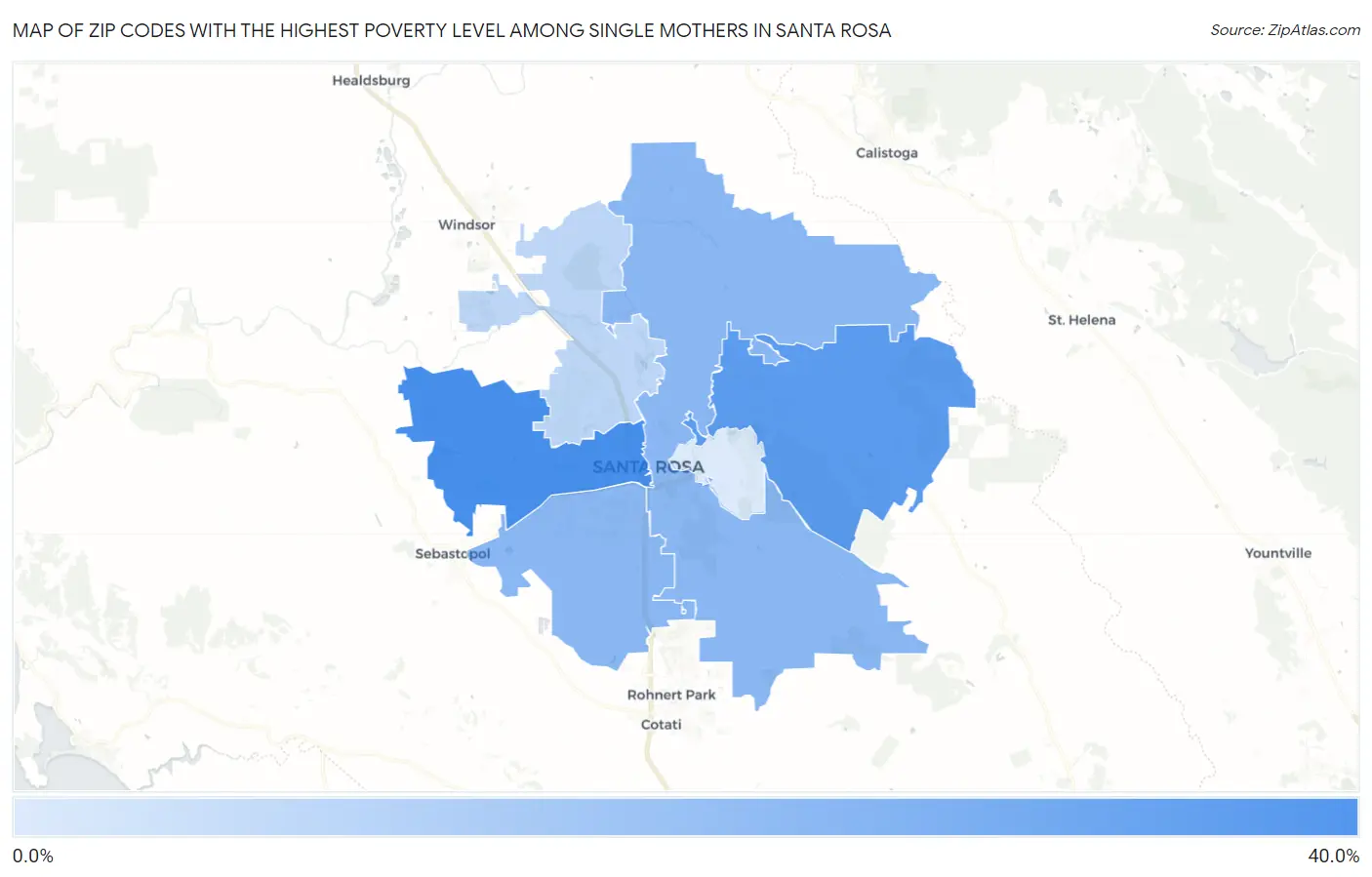 Zip Codes with the Highest Poverty Level Among Single Mothers in Santa Rosa Map