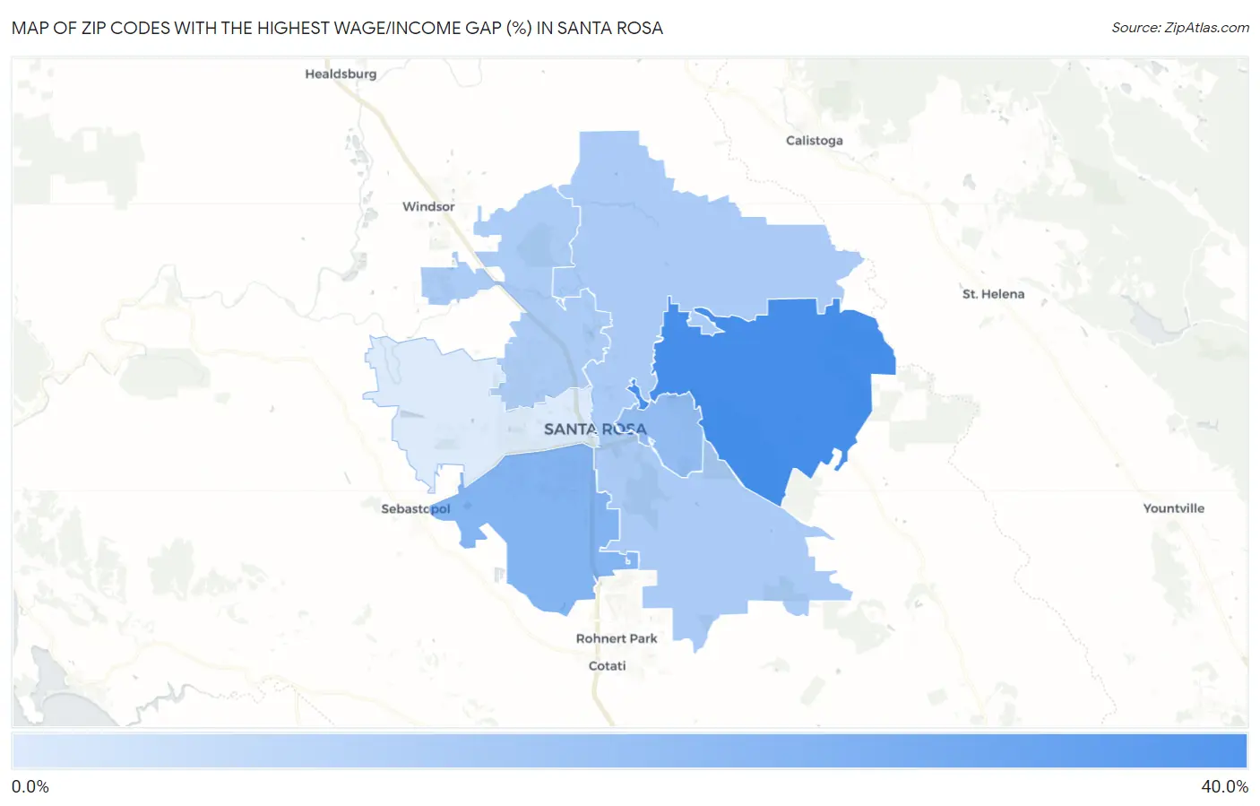 Zip Codes with the Highest Wage/Income Gap (%) in Santa Rosa Map
