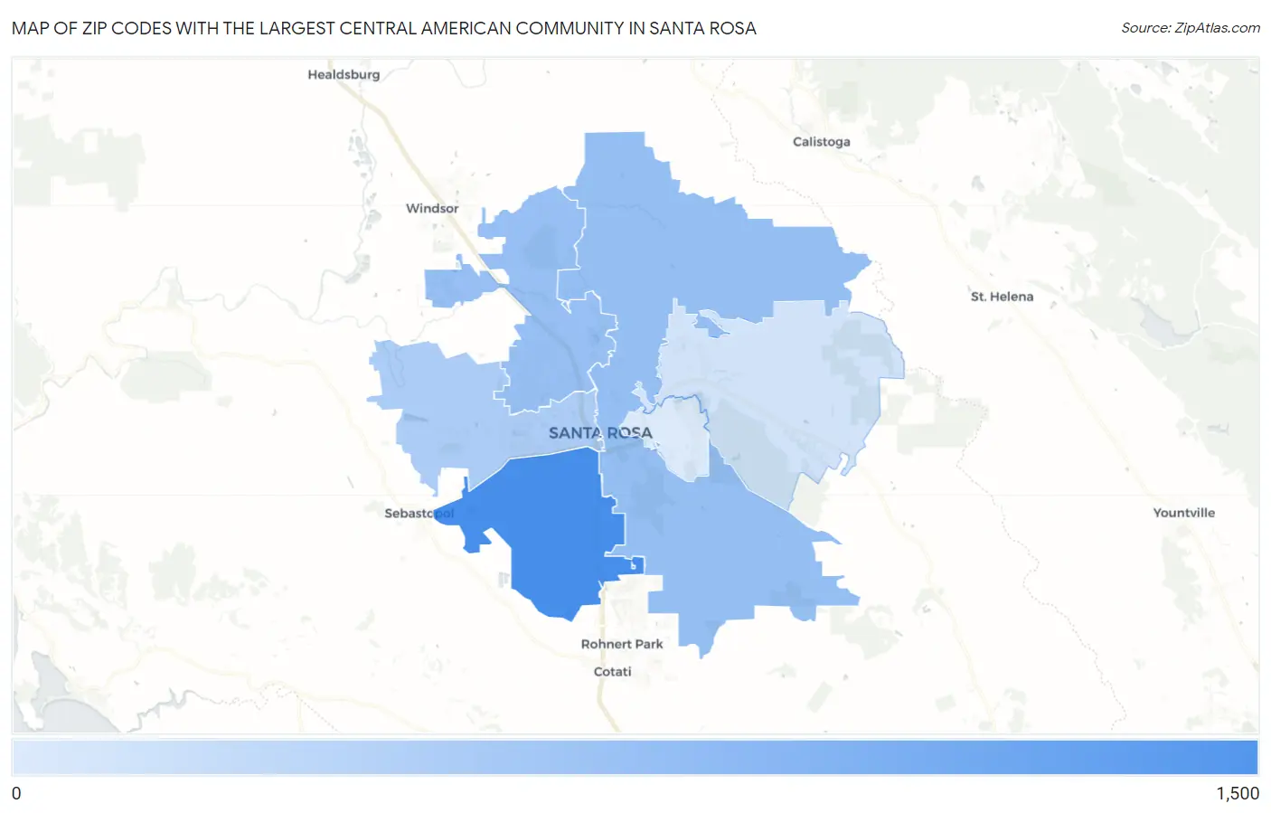 Zip Codes with the Largest Central American Community in Santa Rosa Map