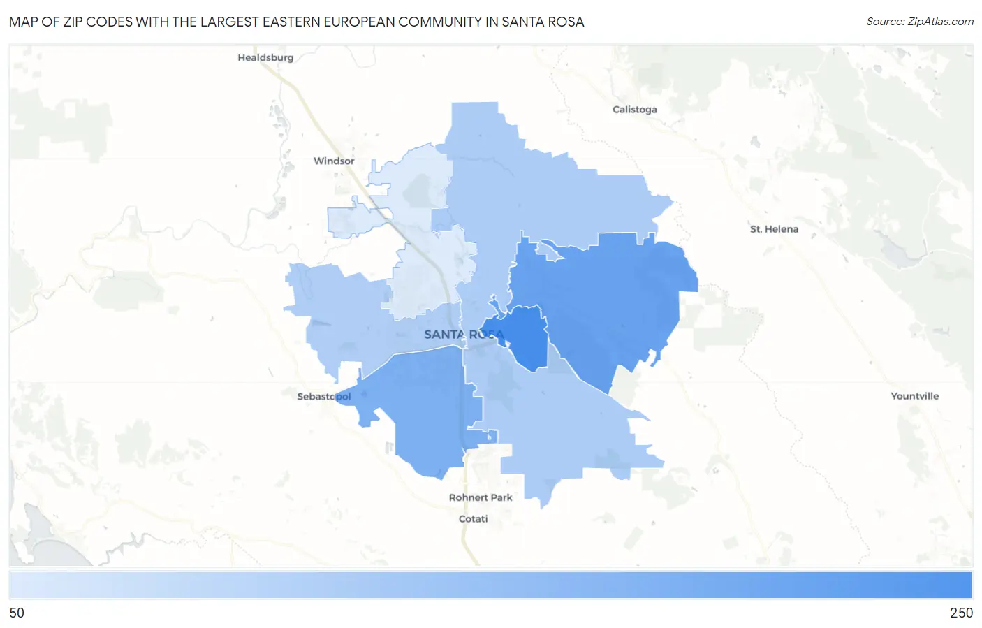 Zip Codes with the Largest Eastern European Community in Santa Rosa Map