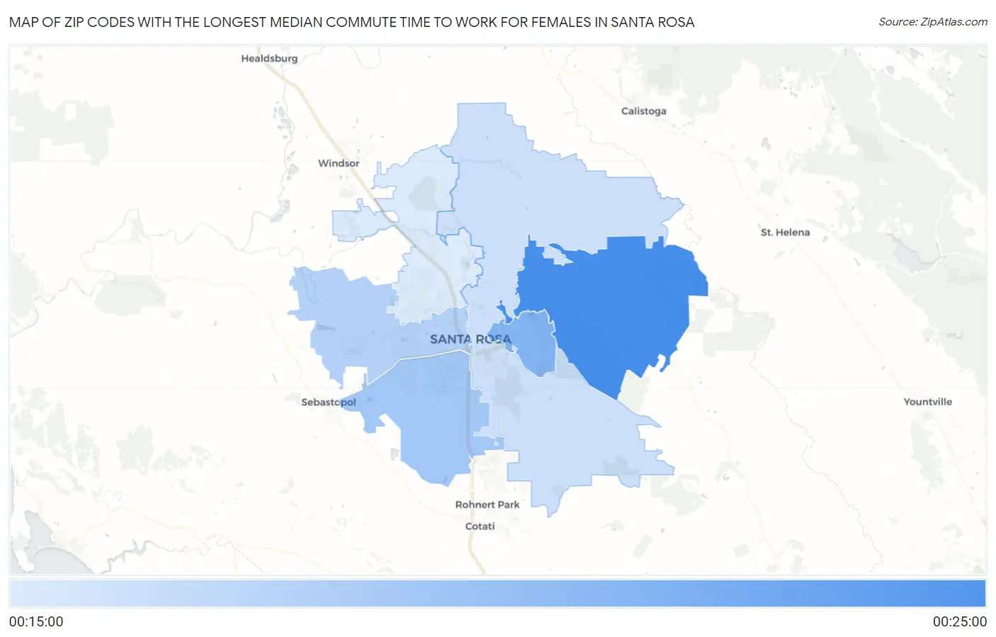 Zip Codes with the Longest Median Commute Time to Work for Females in Santa Rosa Map