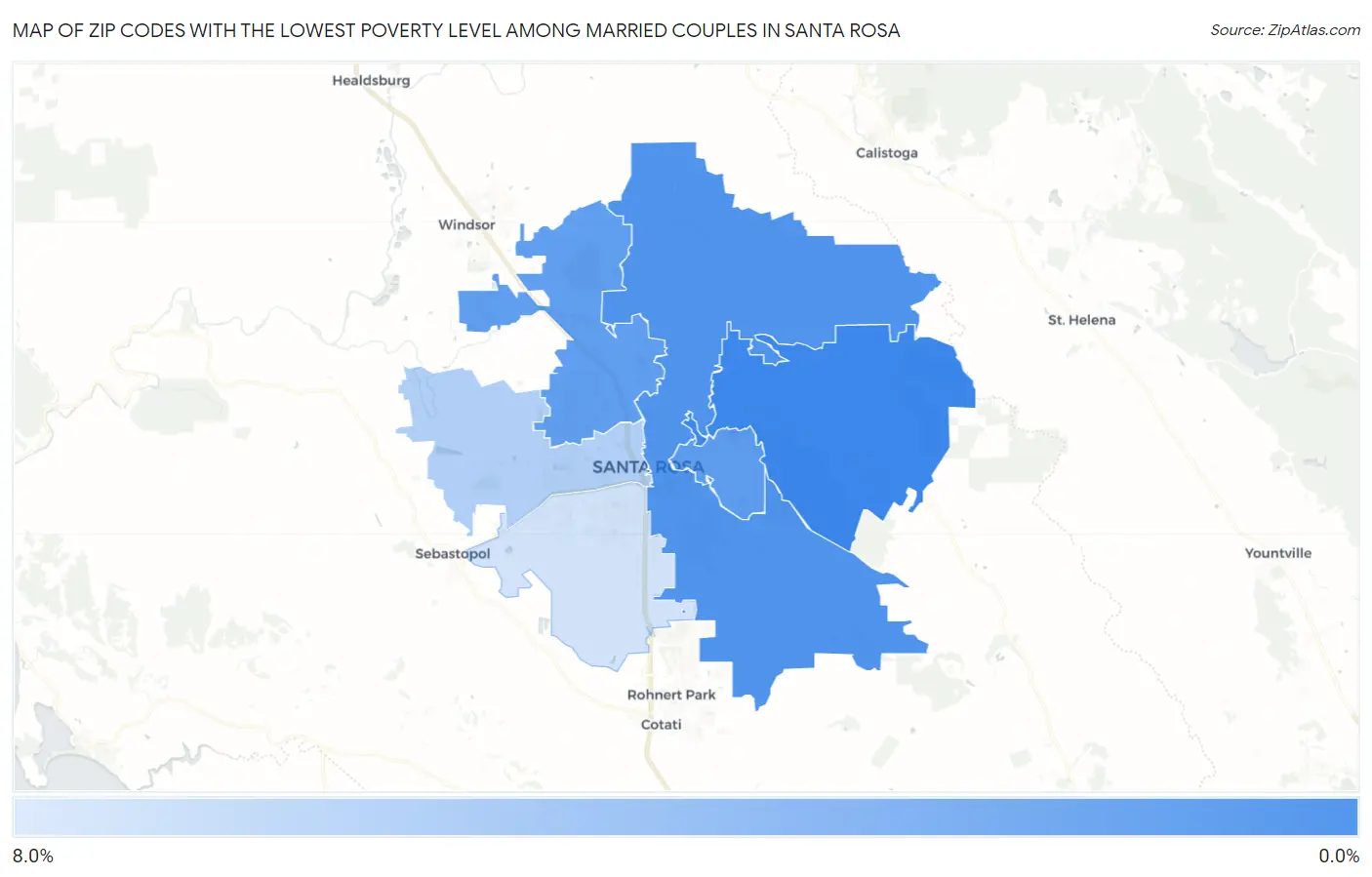 Zip Codes with the Lowest Poverty Level Among Married Couples in Santa Rosa Map