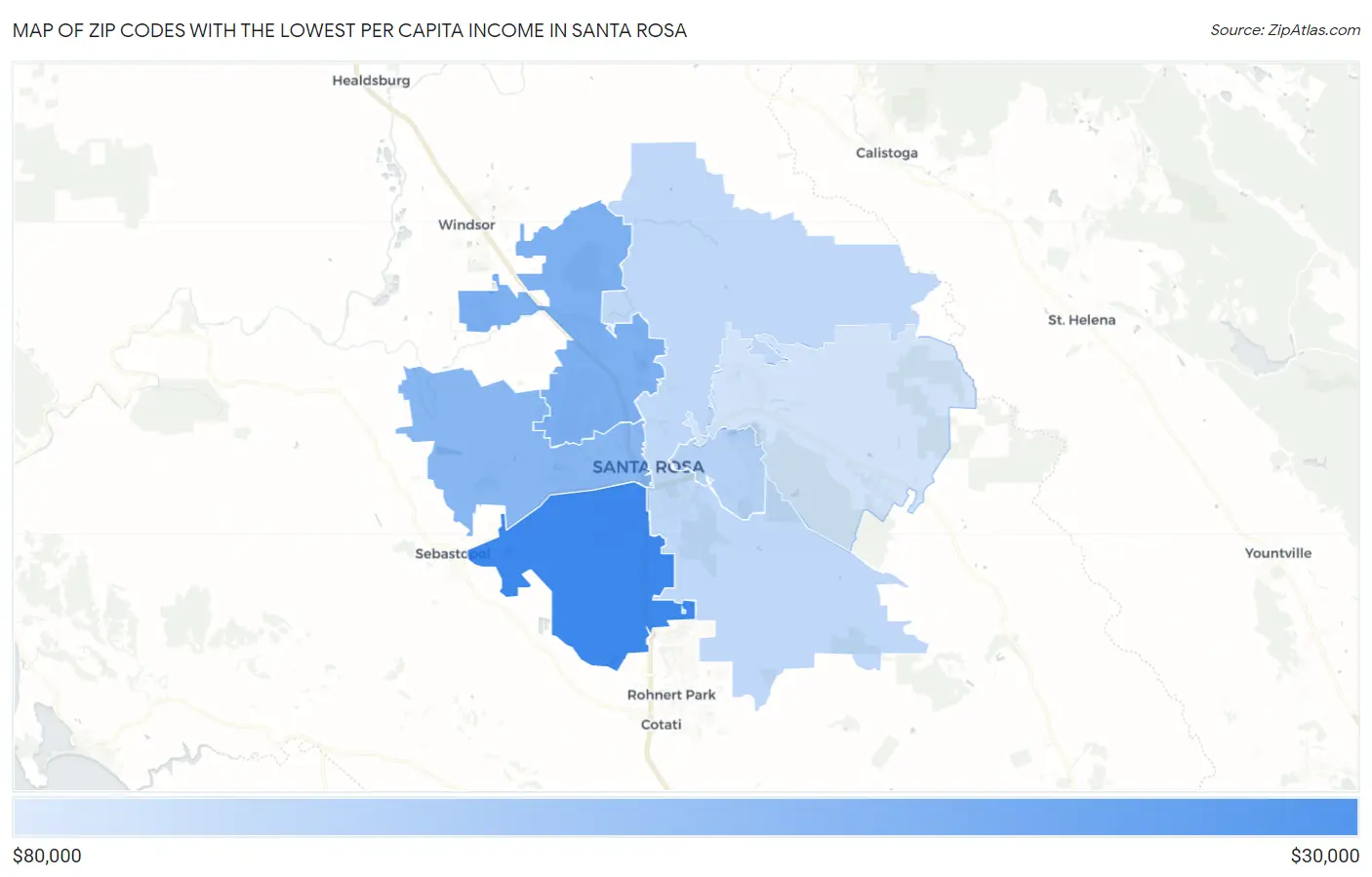 Zip Codes with the Lowest Per Capita Income in Santa Rosa Map