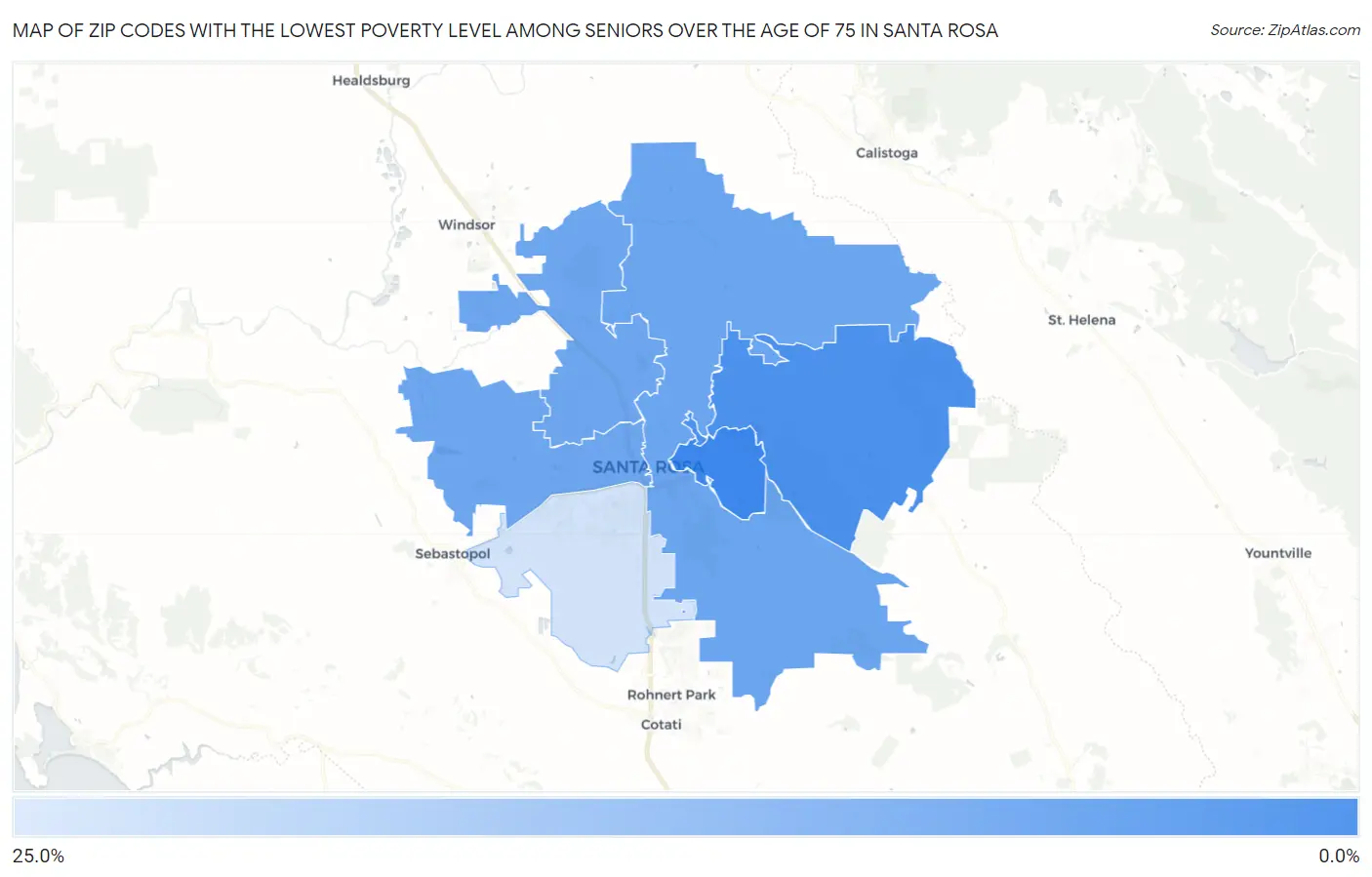 Zip Codes with the Lowest Poverty Level Among Seniors Over the Age of 75 in Santa Rosa Map