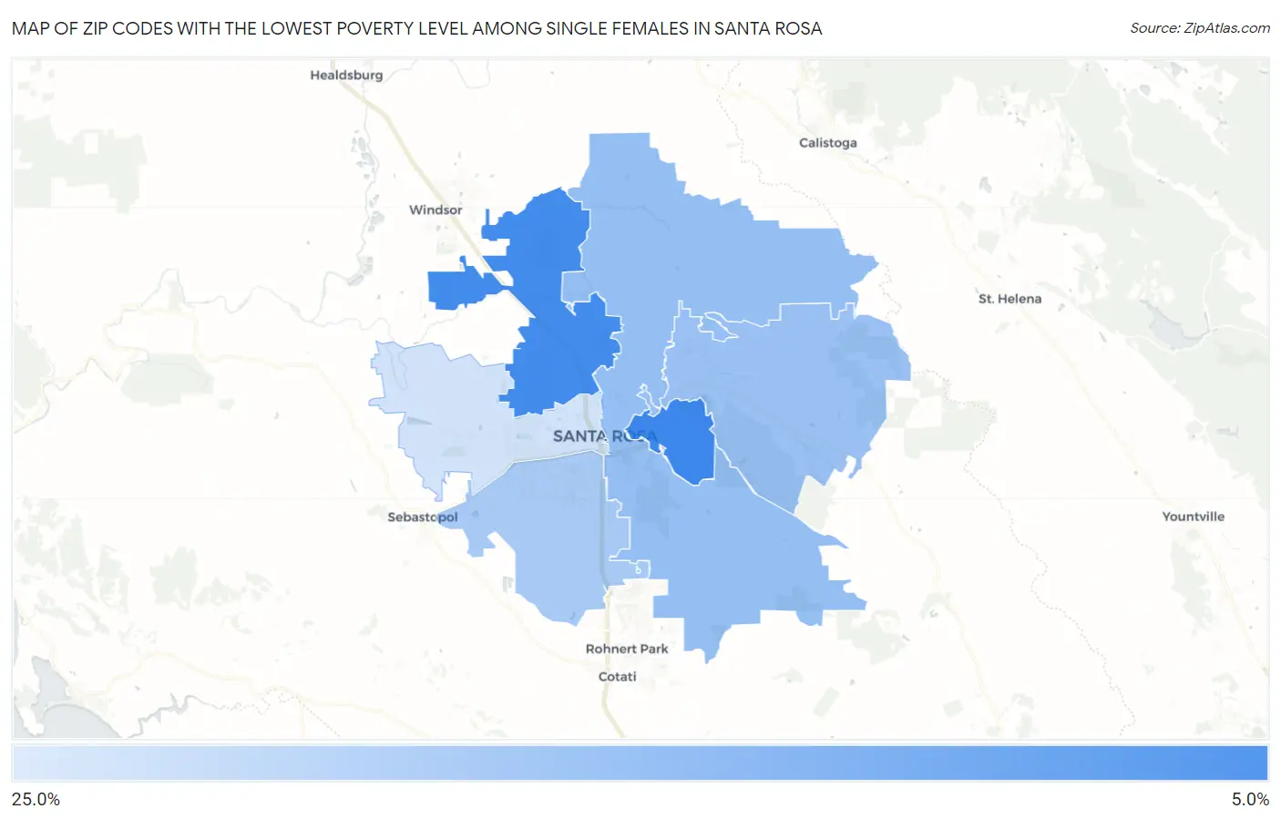 Zip Codes with the Lowest Poverty Level Among Single Females in Santa Rosa Map