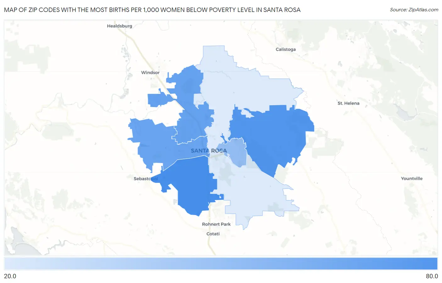 Zip Codes with the Most Births per 1,000 Women Below Poverty Level in Santa Rosa Map
