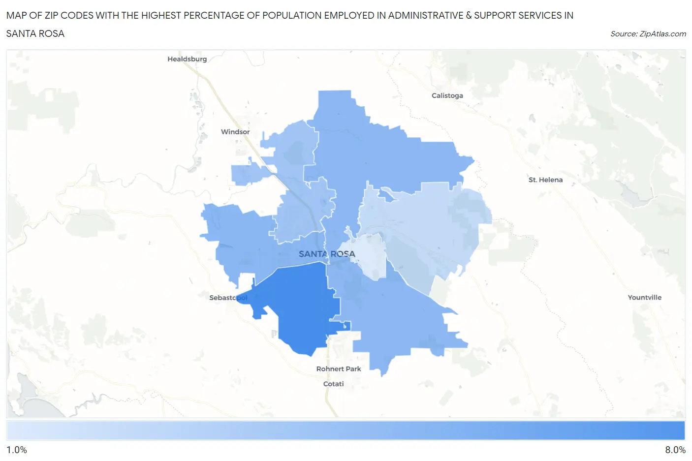 Zip Codes with the Highest Percentage of Population Employed in Administrative & Support Services in Santa Rosa Map