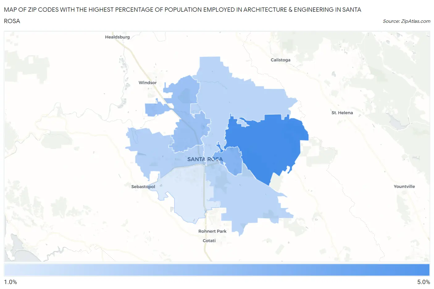 Zip Codes with the Highest Percentage of Population Employed in Architecture & Engineering in Santa Rosa Map