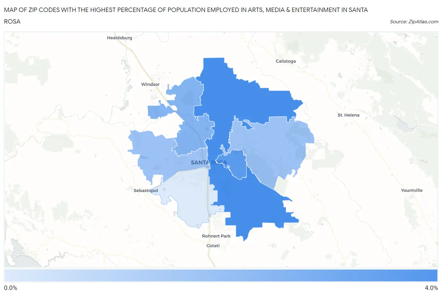 Zip Codes with the Highest Percentage of Population Employed in Arts, Media & Entertainment in Santa Rosa Map