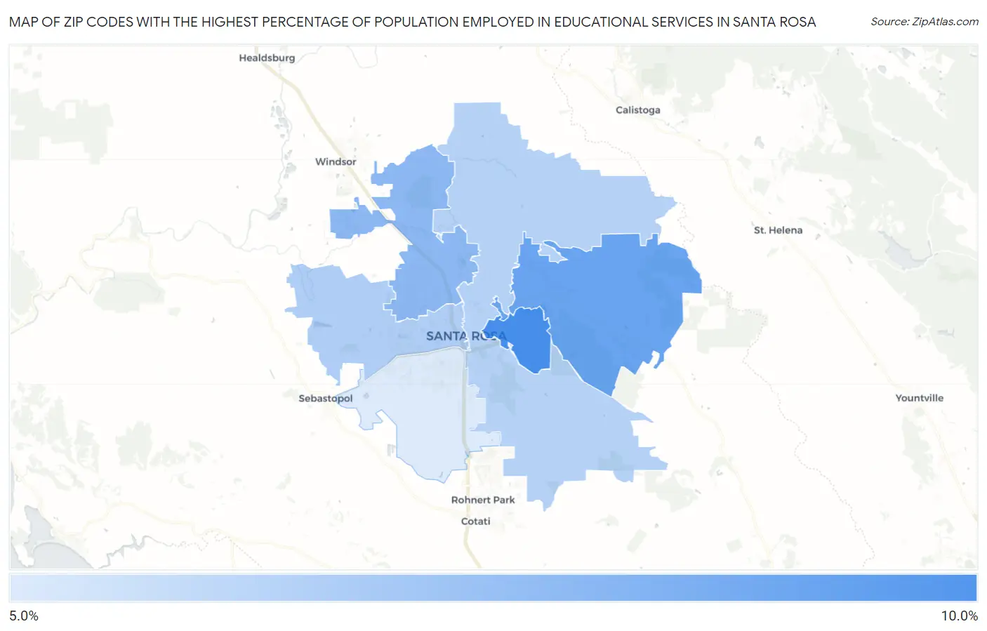 Zip Codes with the Highest Percentage of Population Employed in Educational Services in Santa Rosa Map