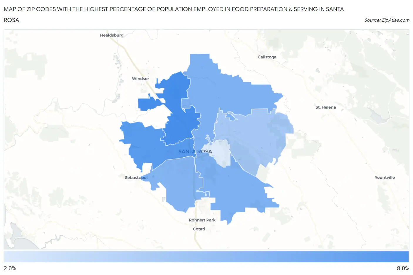 Zip Codes with the Highest Percentage of Population Employed in Food Preparation & Serving in Santa Rosa Map