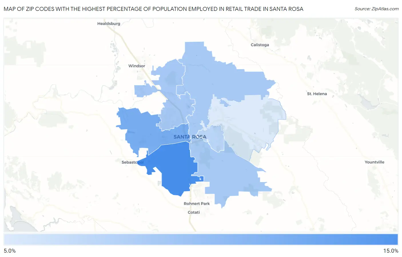 Zip Codes with the Highest Percentage of Population Employed in Retail Trade in Santa Rosa Map
