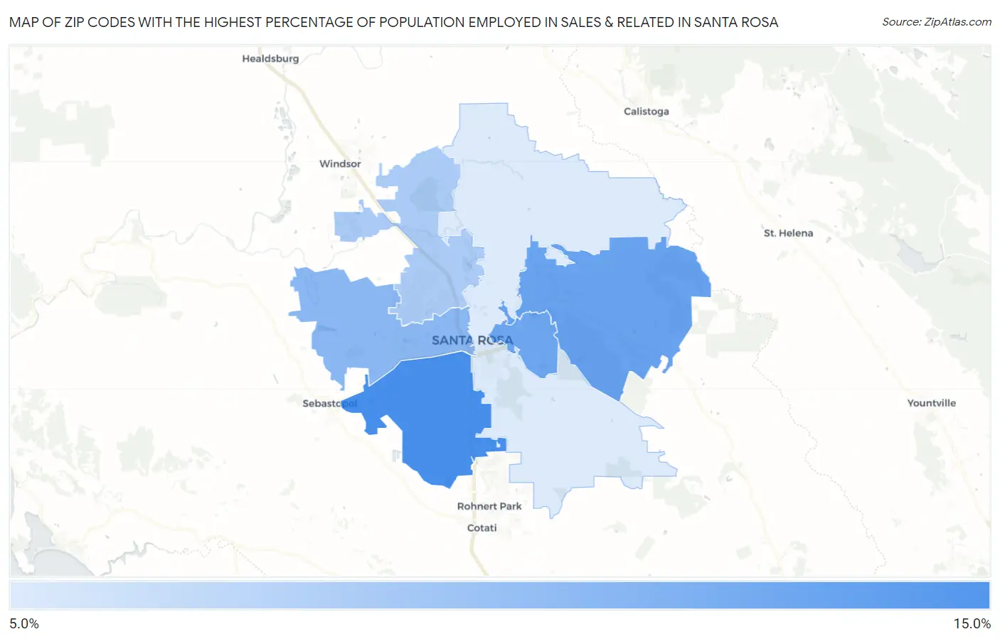 Zip Codes with the Highest Percentage of Population Employed in Sales & Related in Santa Rosa Map
