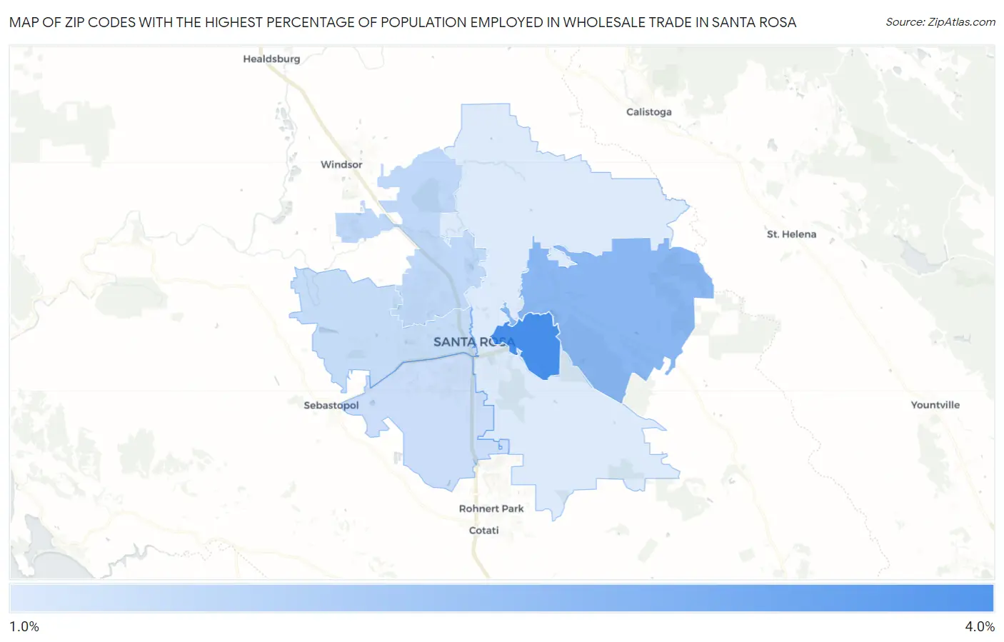 Zip Codes with the Highest Percentage of Population Employed in Wholesale Trade in Santa Rosa Map