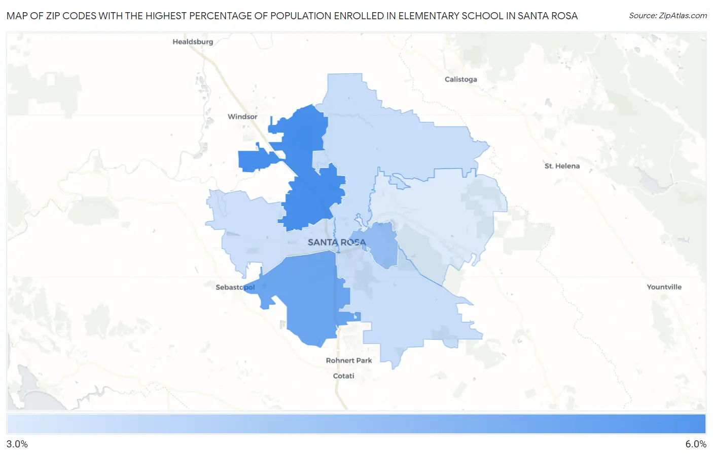 Zip Codes with the Highest Percentage of Population Enrolled in Elementary School in Santa Rosa Map