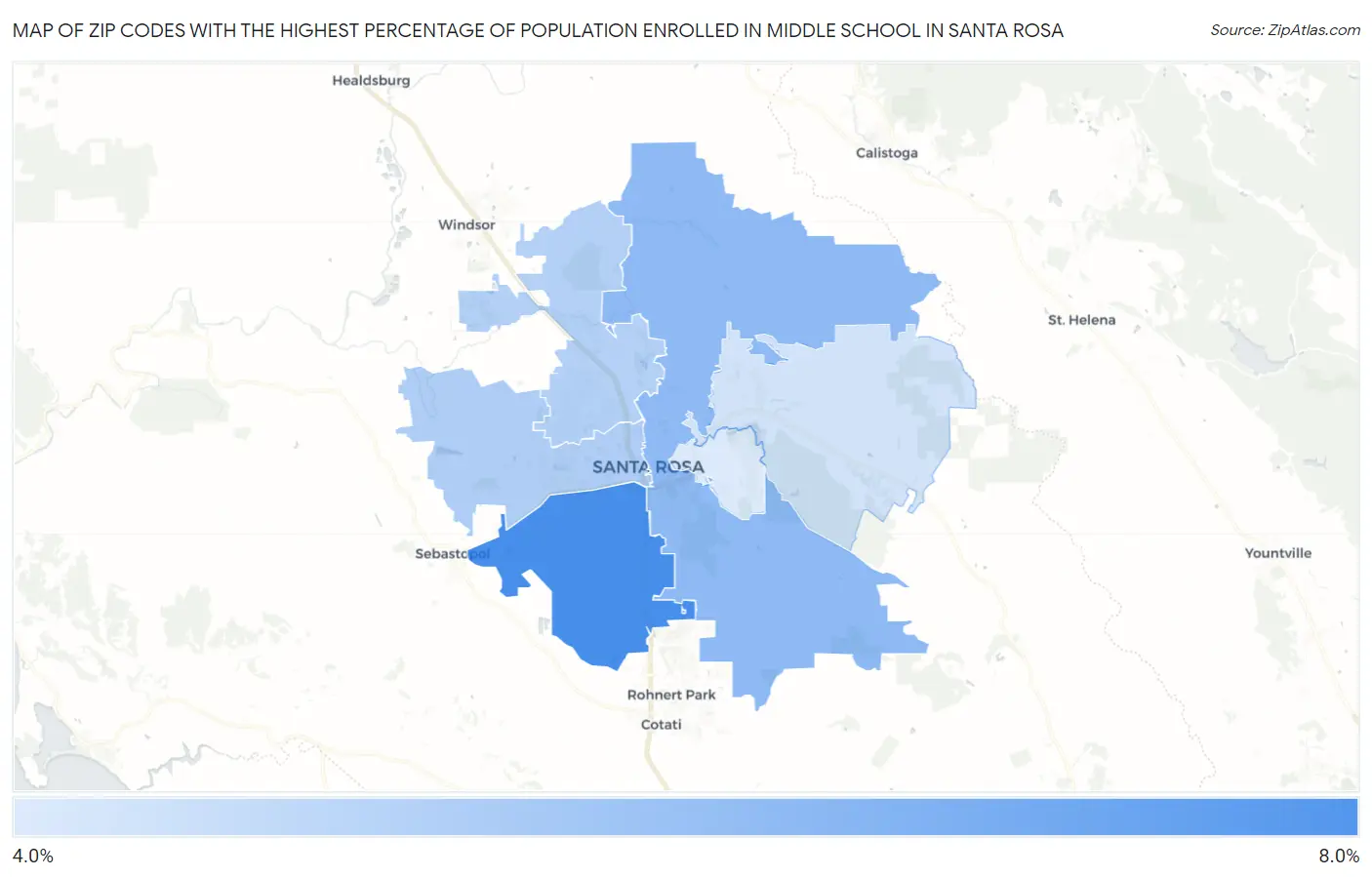 Zip Codes with the Highest Percentage of Population Enrolled in Middle School in Santa Rosa Map