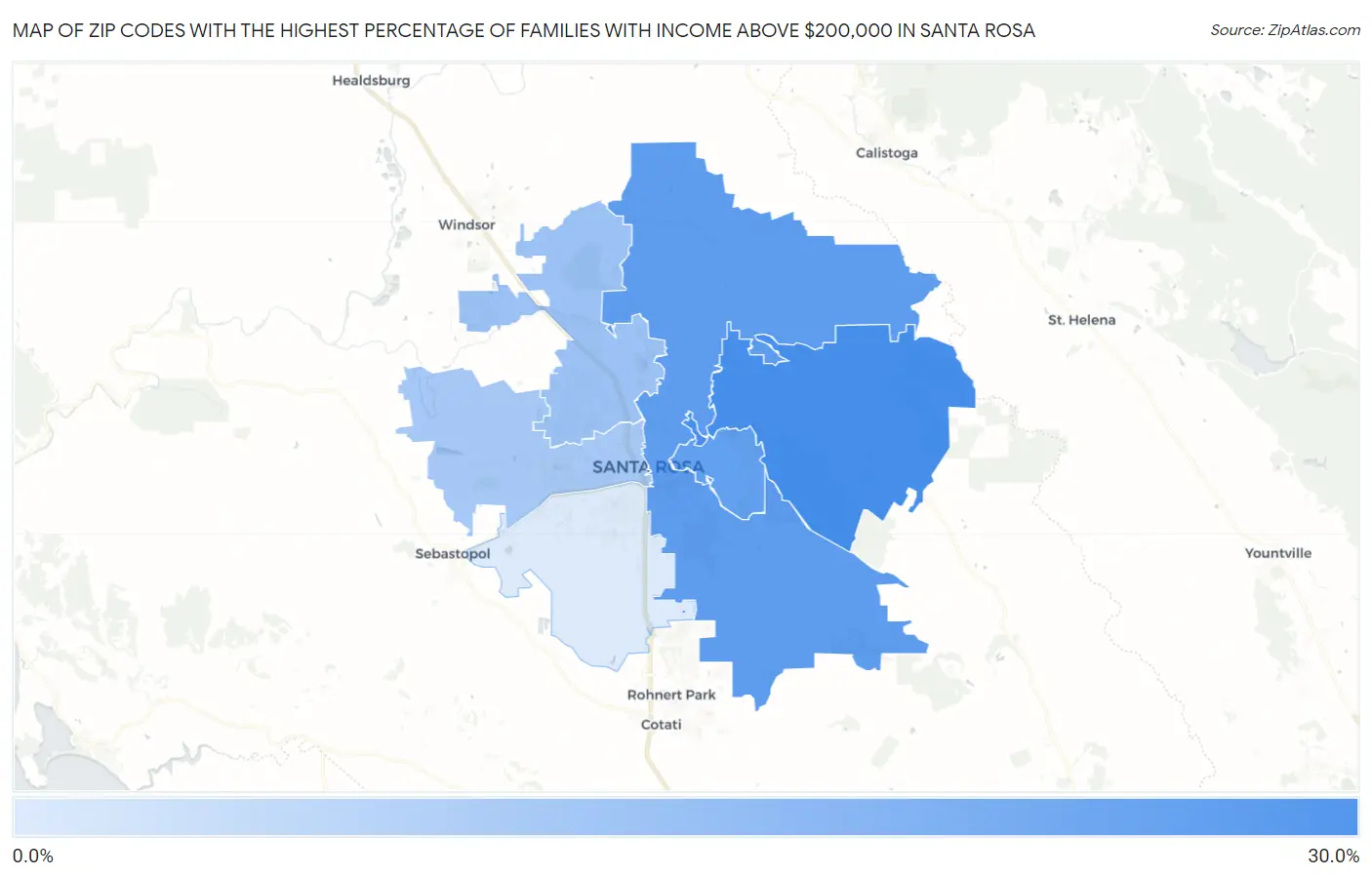 Zip Codes with the Highest Percentage of Families with Income Above $200,000 in Santa Rosa Map