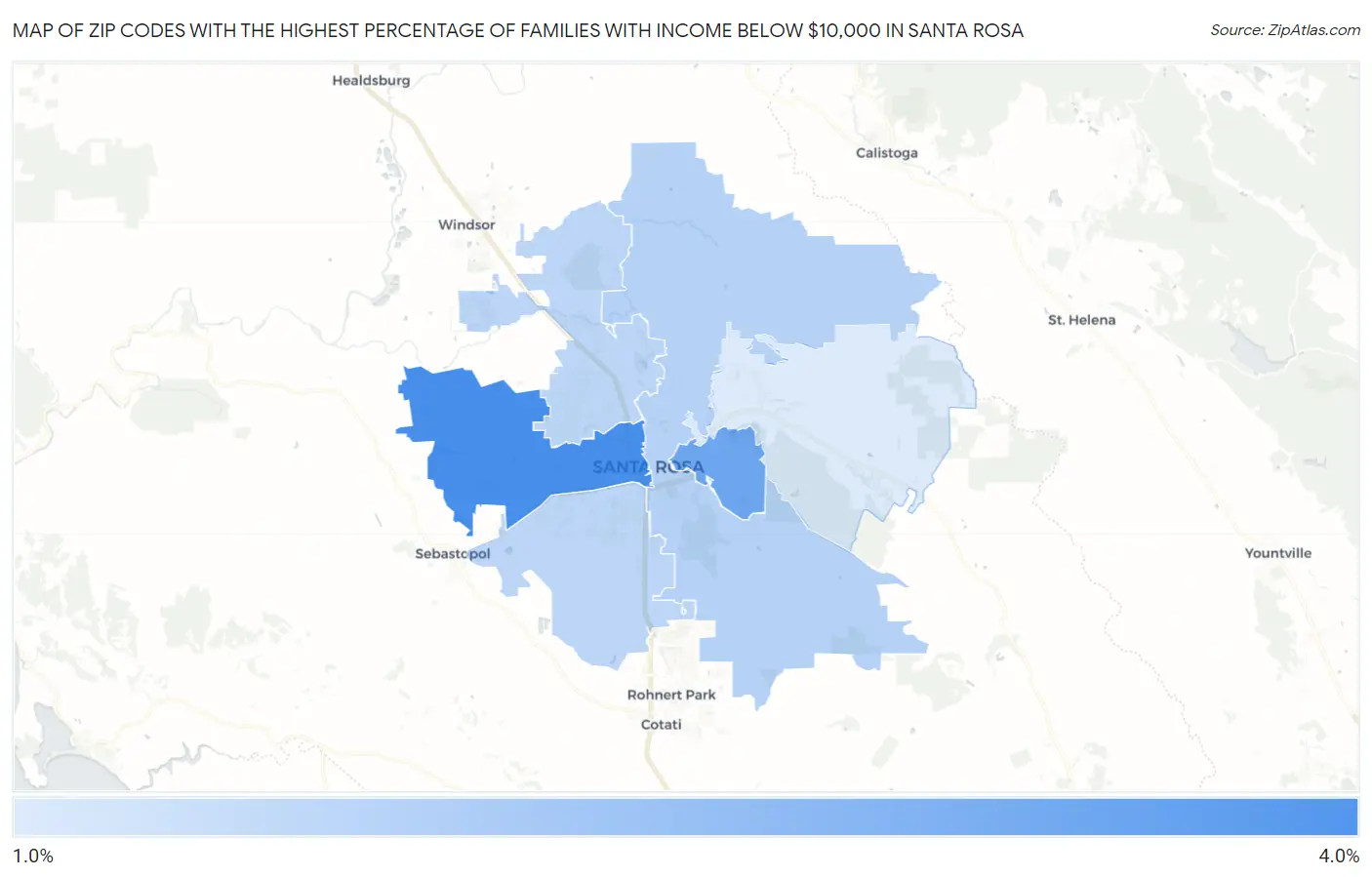 Zip Codes with the Highest Percentage of Families with Income Below $10,000 in Santa Rosa Map