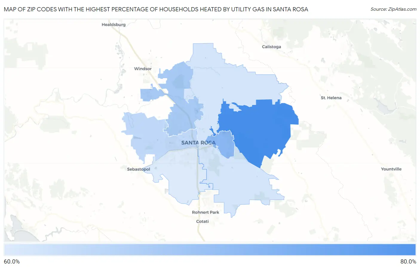 Zip Codes with the Highest Percentage of Households Heated by Utility Gas in Santa Rosa Map