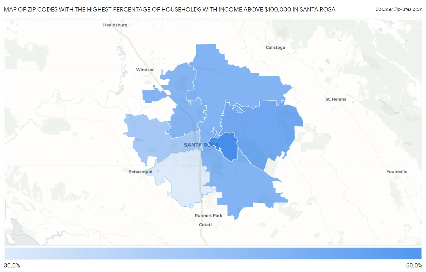 Zip Codes with the Highest Percentage of Households with Income Above $100,000 in Santa Rosa Map