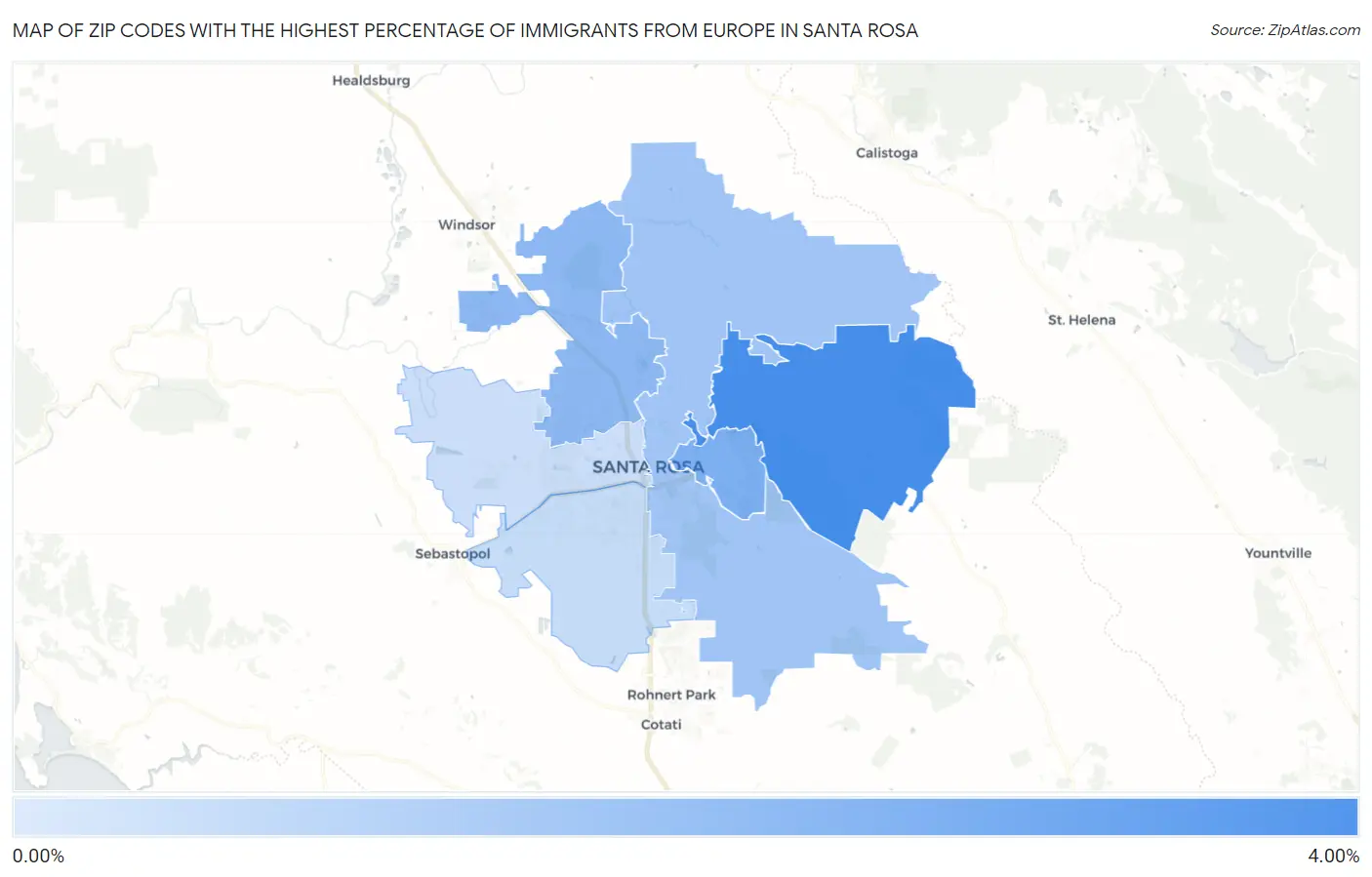 Zip Codes with the Highest Percentage of Immigrants from Europe in Santa Rosa Map