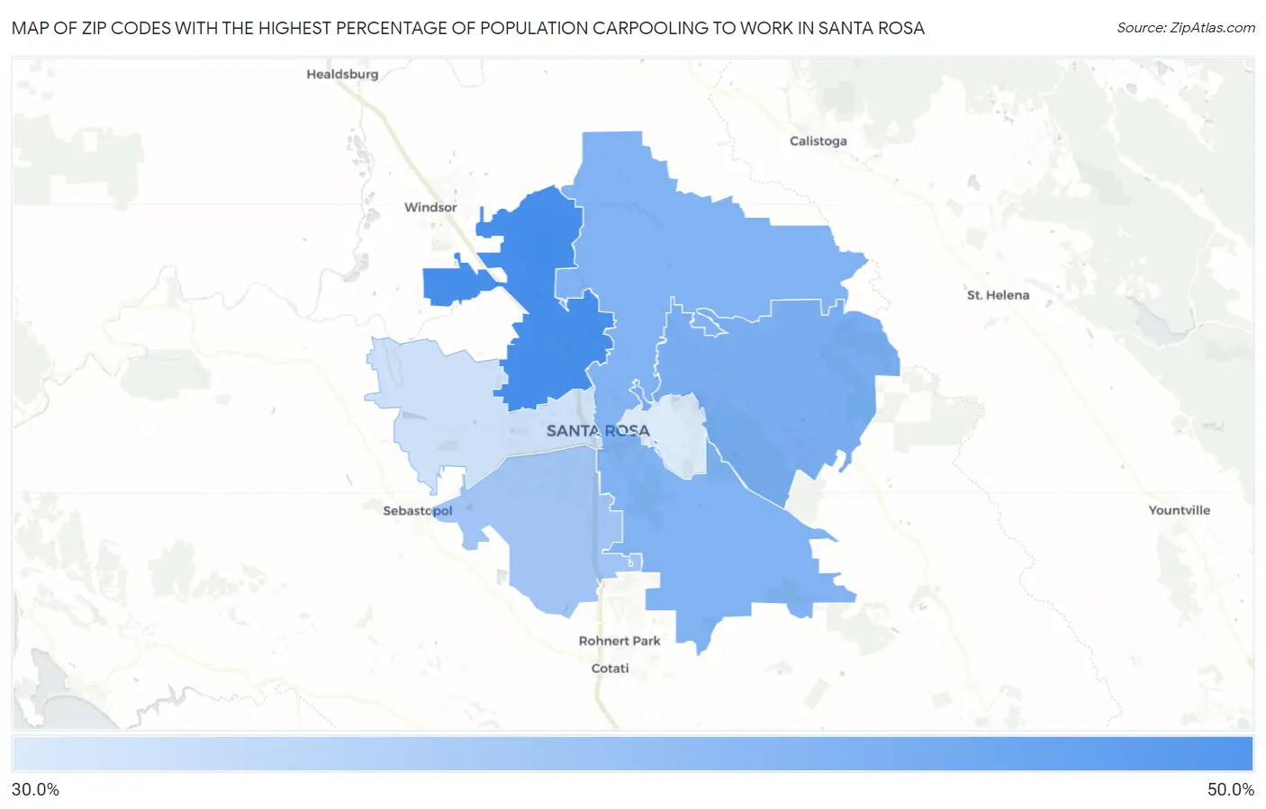Zip Codes with the Highest Percentage of Population Carpooling to Work in Santa Rosa Map