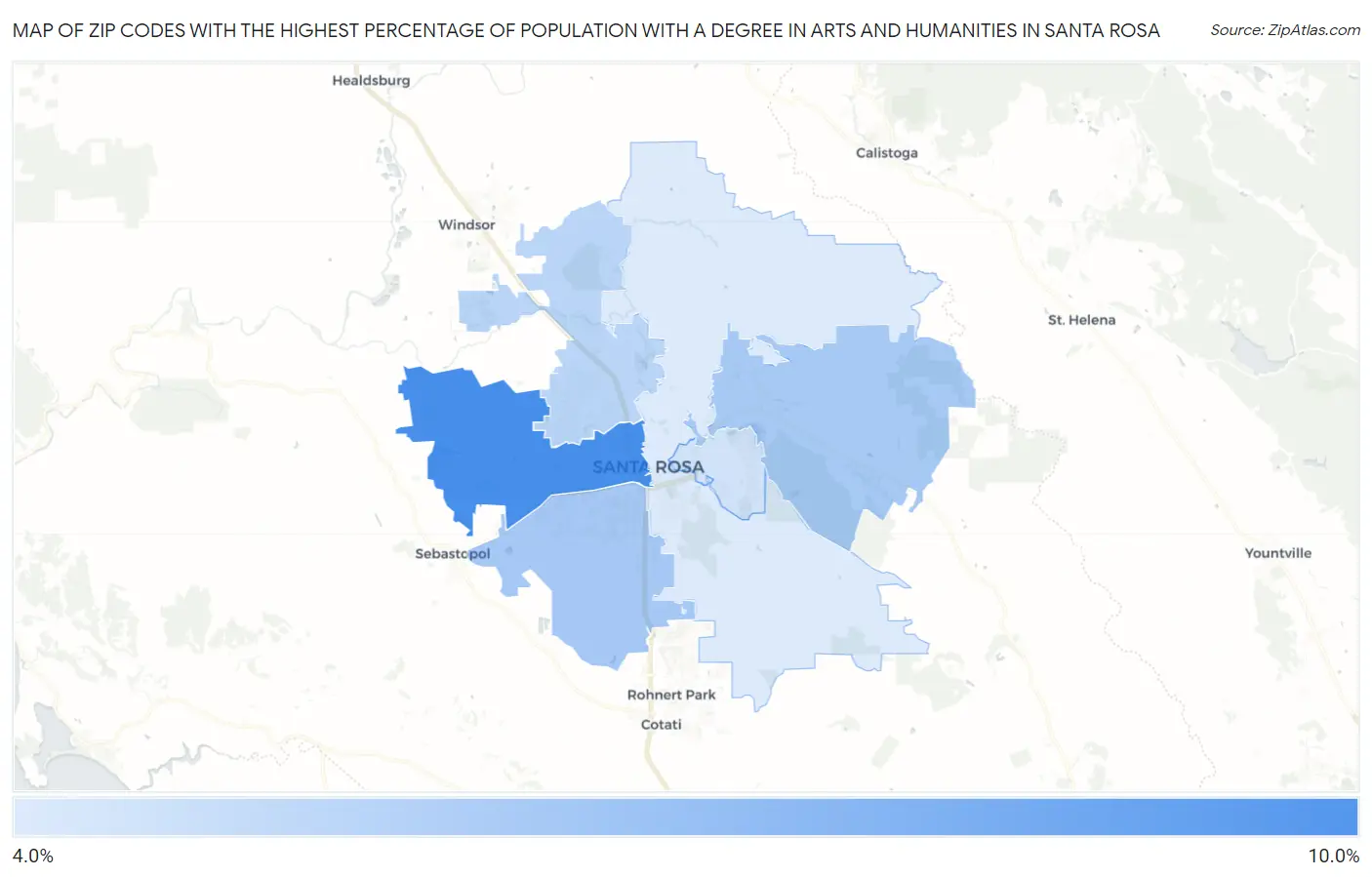 Zip Codes with the Highest Percentage of Population with a Degree in Arts and Humanities in Santa Rosa Map