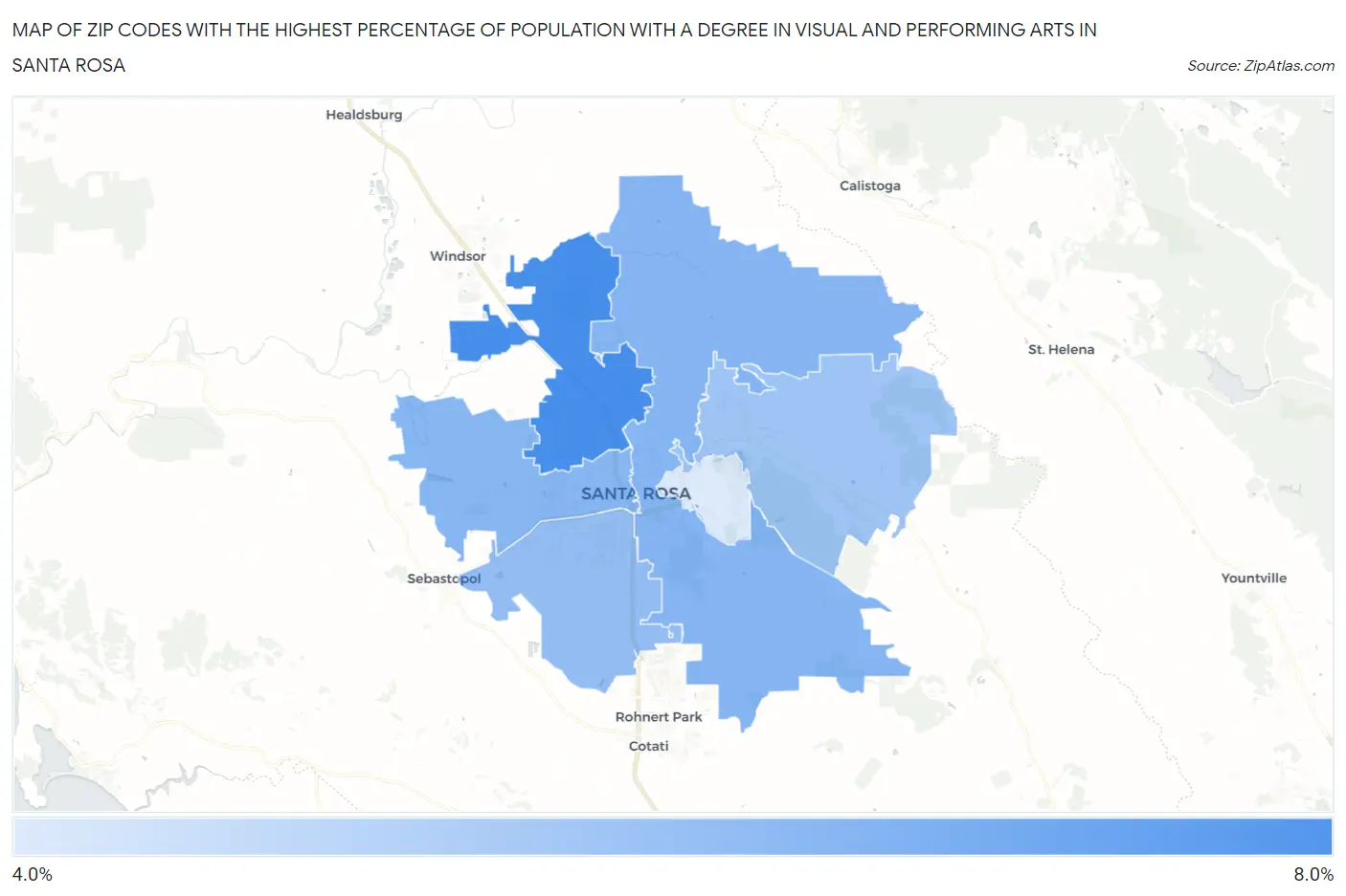 Zip Codes with the Highest Percentage of Population with a Degree in Visual and Performing Arts in Santa Rosa Map