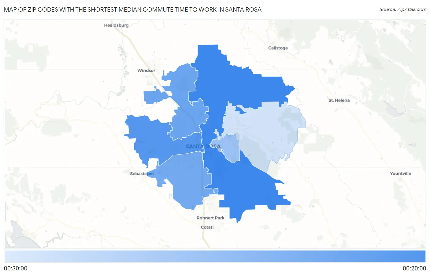 Zip Codes with the Shortest Median Commute Time to Work in Santa Rosa Map