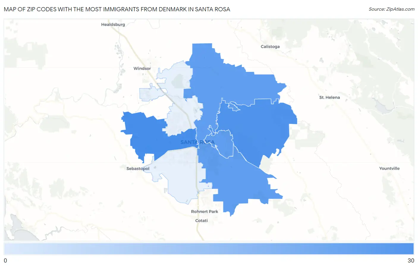 Zip Codes with the Most Immigrants from Denmark in Santa Rosa Map