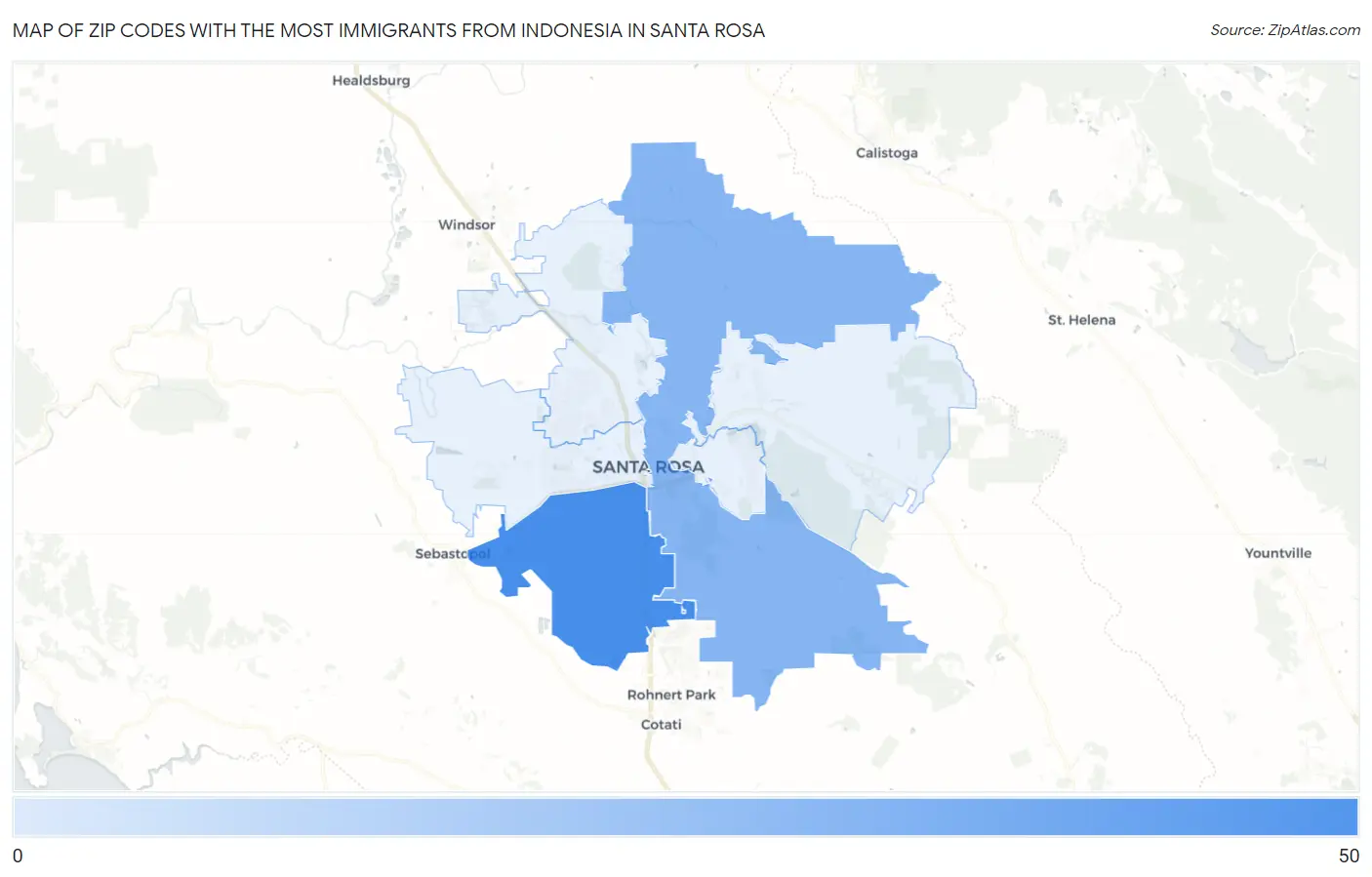 Zip Codes with the Most Immigrants from Indonesia in Santa Rosa Map
