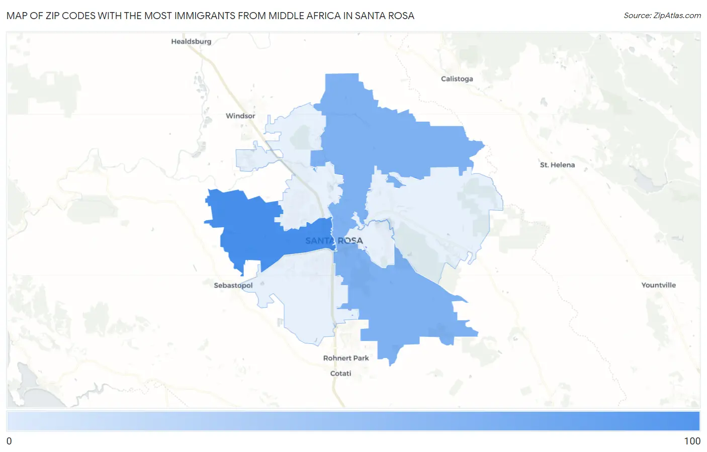 Zip Codes with the Most Immigrants from Middle Africa in Santa Rosa Map