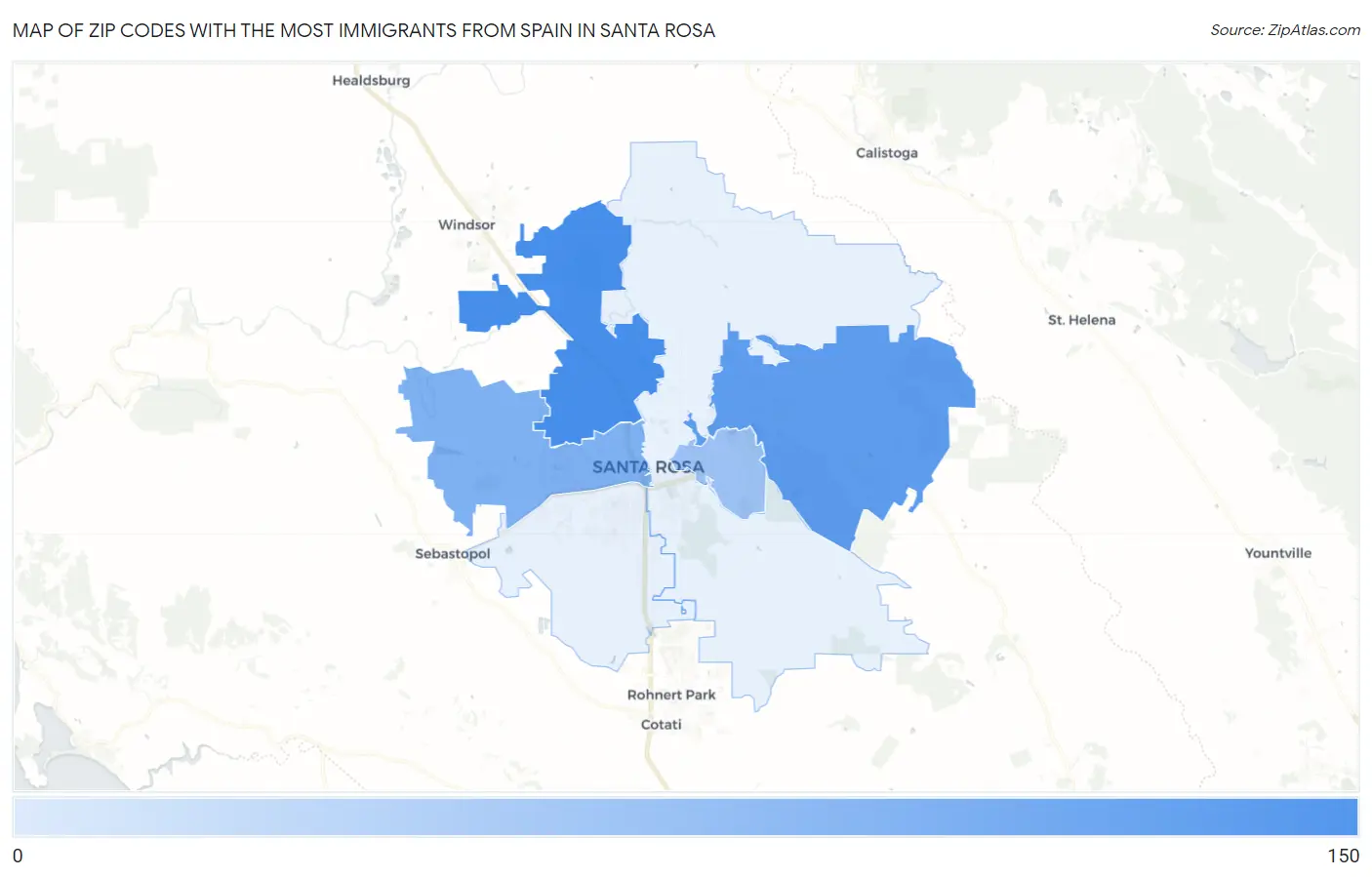Zip Codes with the Most Immigrants from Spain in Santa Rosa Map