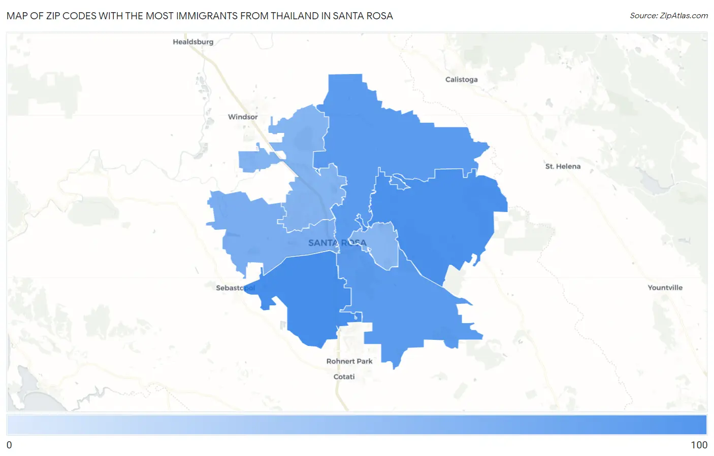 Zip Codes with the Most Immigrants from Thailand in Santa Rosa Map
