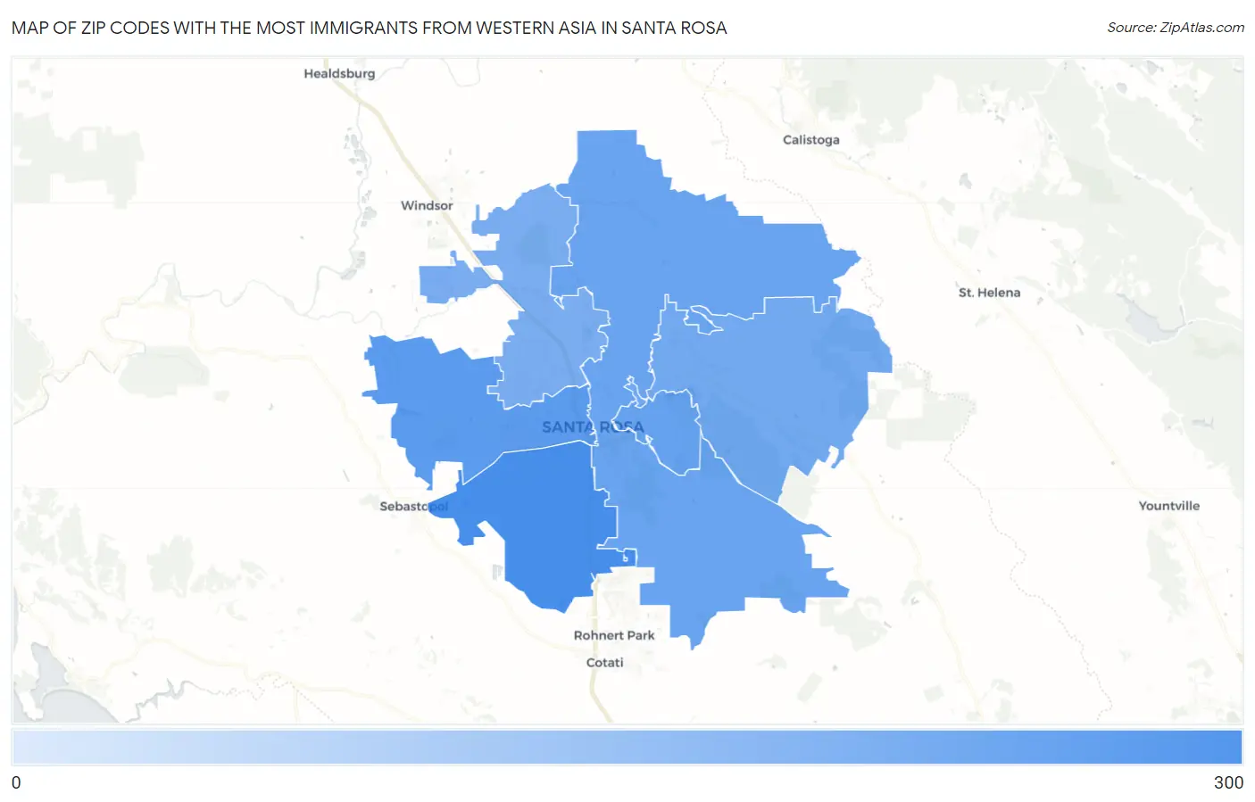 Zip Codes with the Most Immigrants from Western Asia in Santa Rosa Map