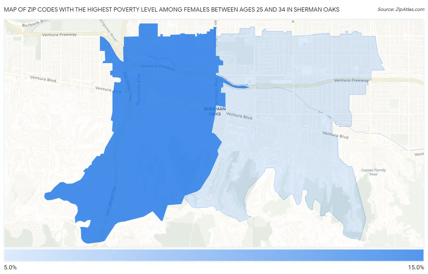 Zip Codes with the Highest Poverty Level Among Females Between Ages 25 and 34 in Sherman Oaks Map