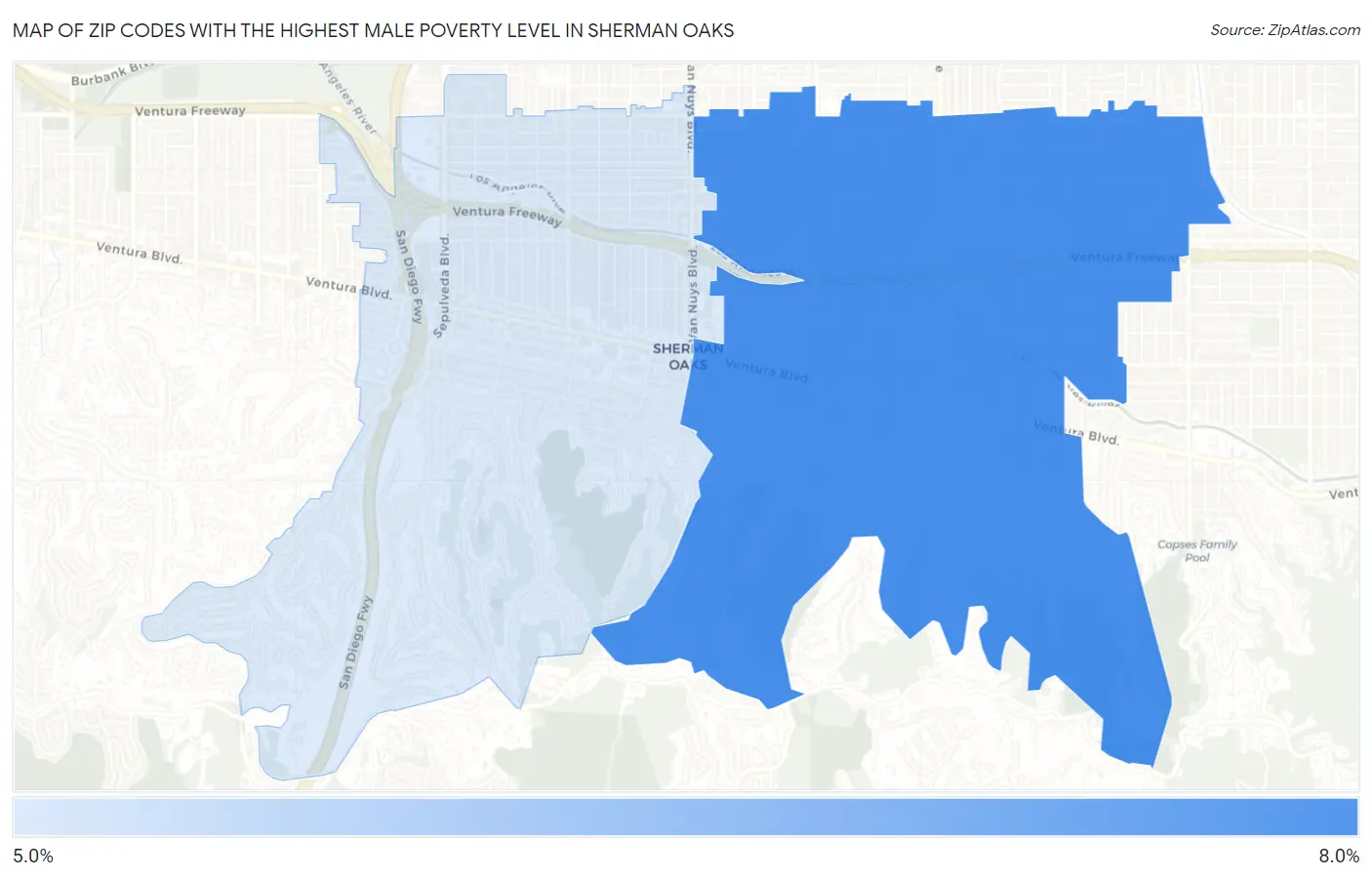 Zip Codes with the Highest Male Poverty Level in Sherman Oaks Map